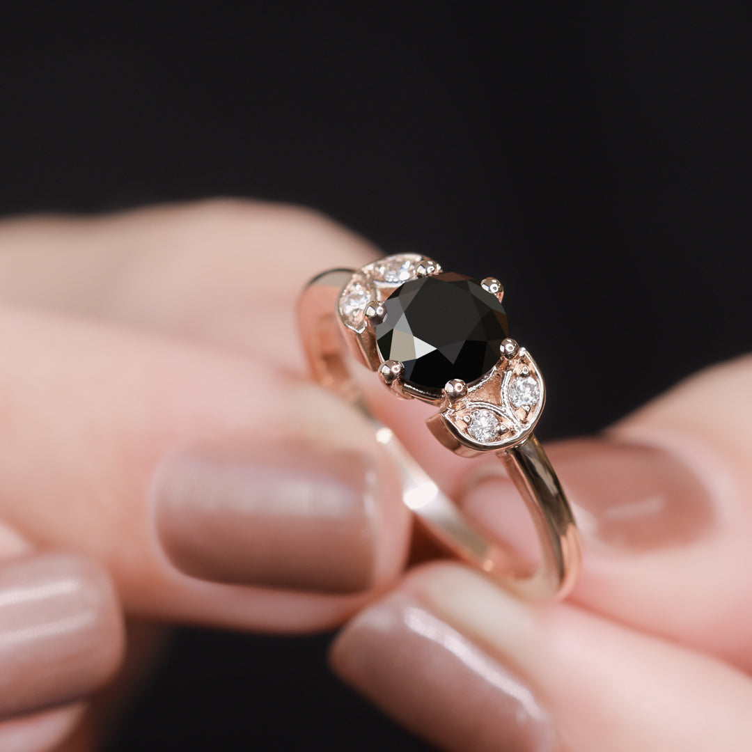 Floral Natural Black Diamond Round Cut Engagement Ring