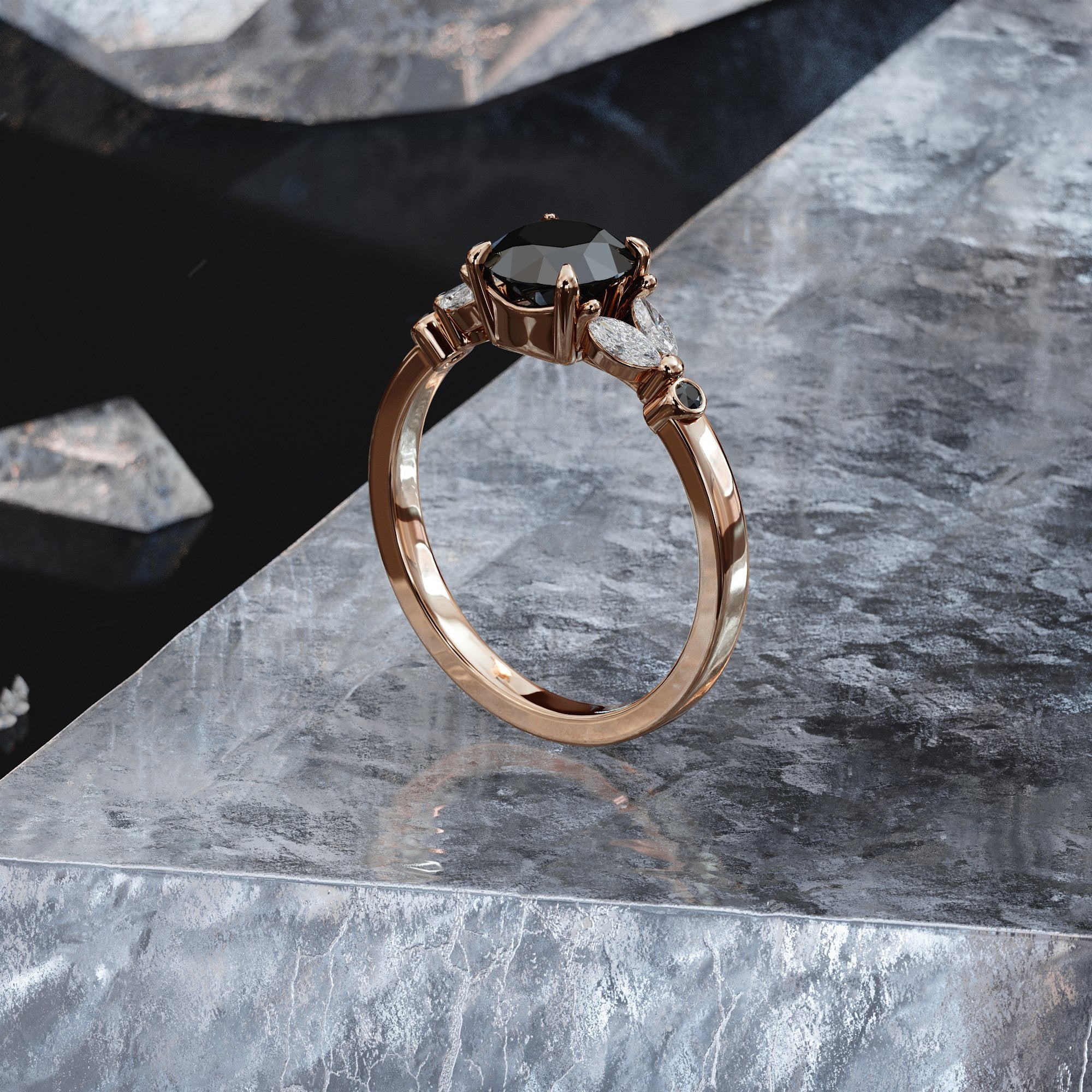 Floral Natural Black & White Marquise Diamond Ring