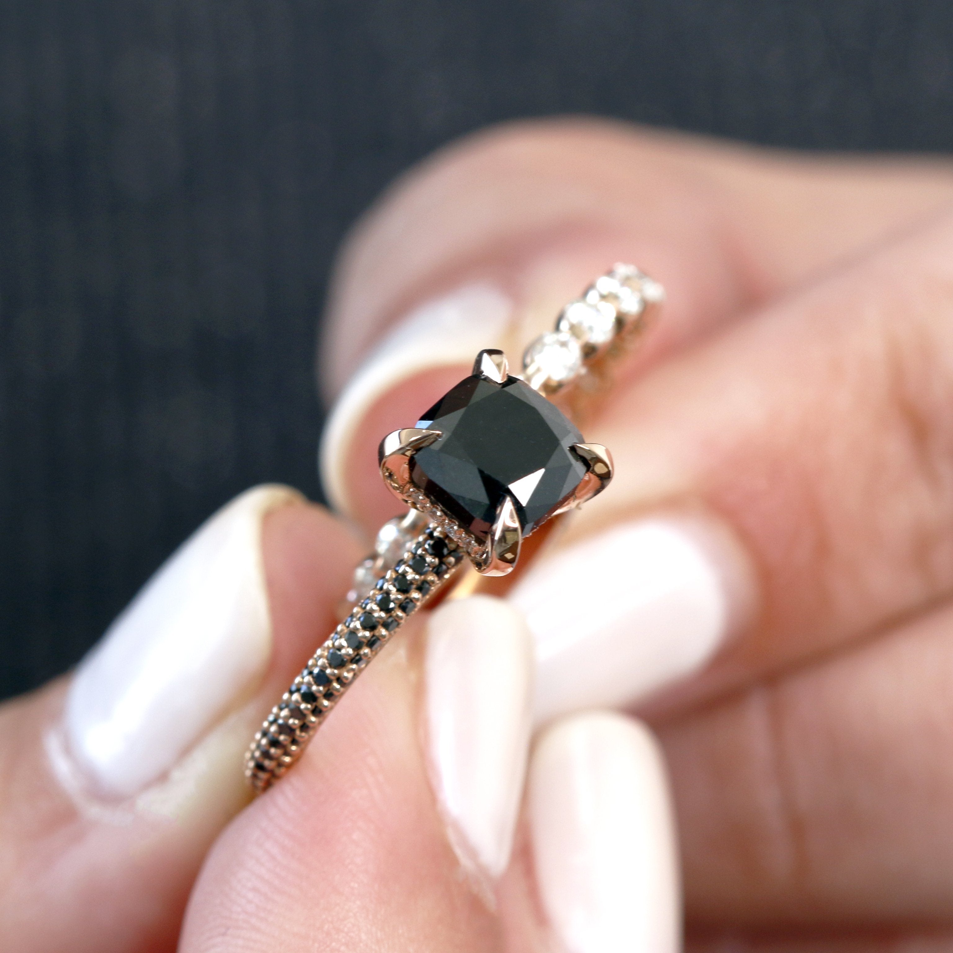 Unique Natural Black & White Diamond Cushion Cut Engagement Ring