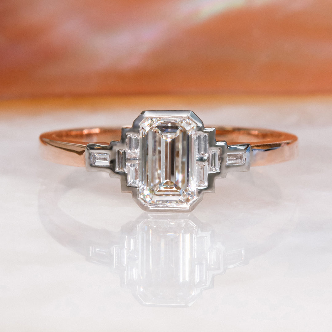 Emerald Cut & Baguette Art Deco Natural Diamond Engagement Ring