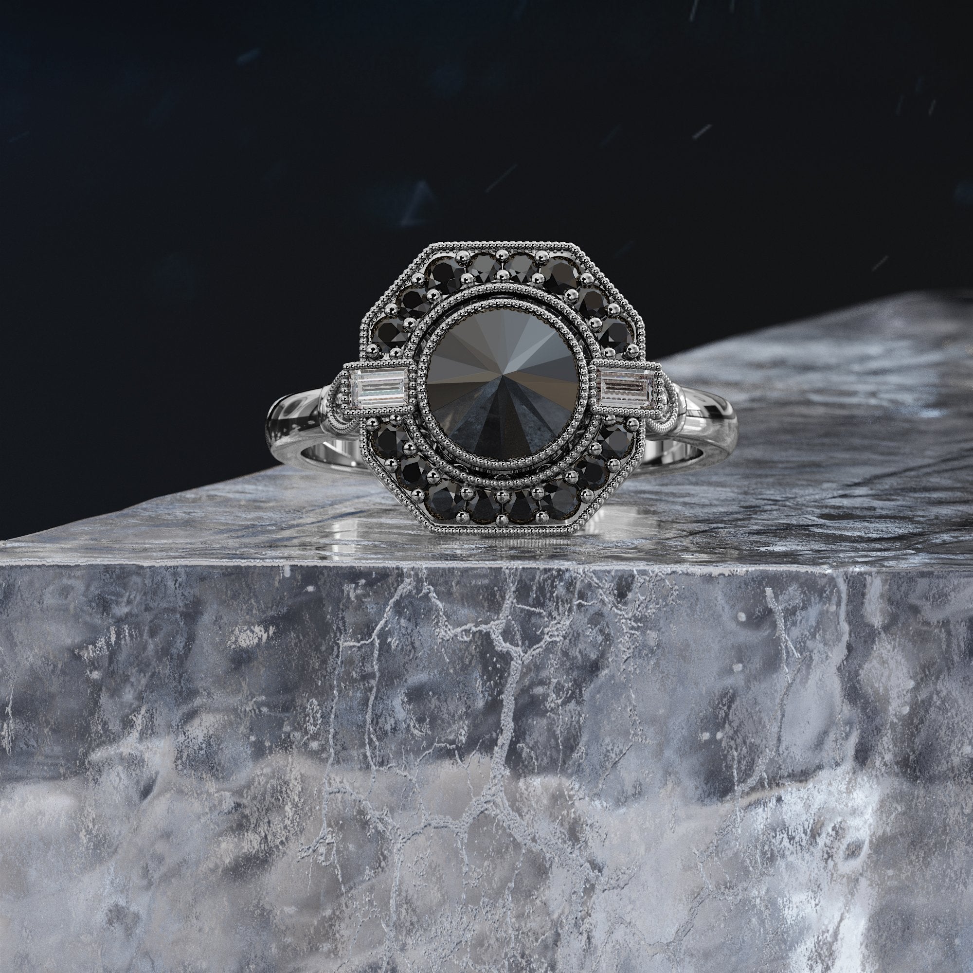 Inverted Natural Black & White Baguette Diamond Ring