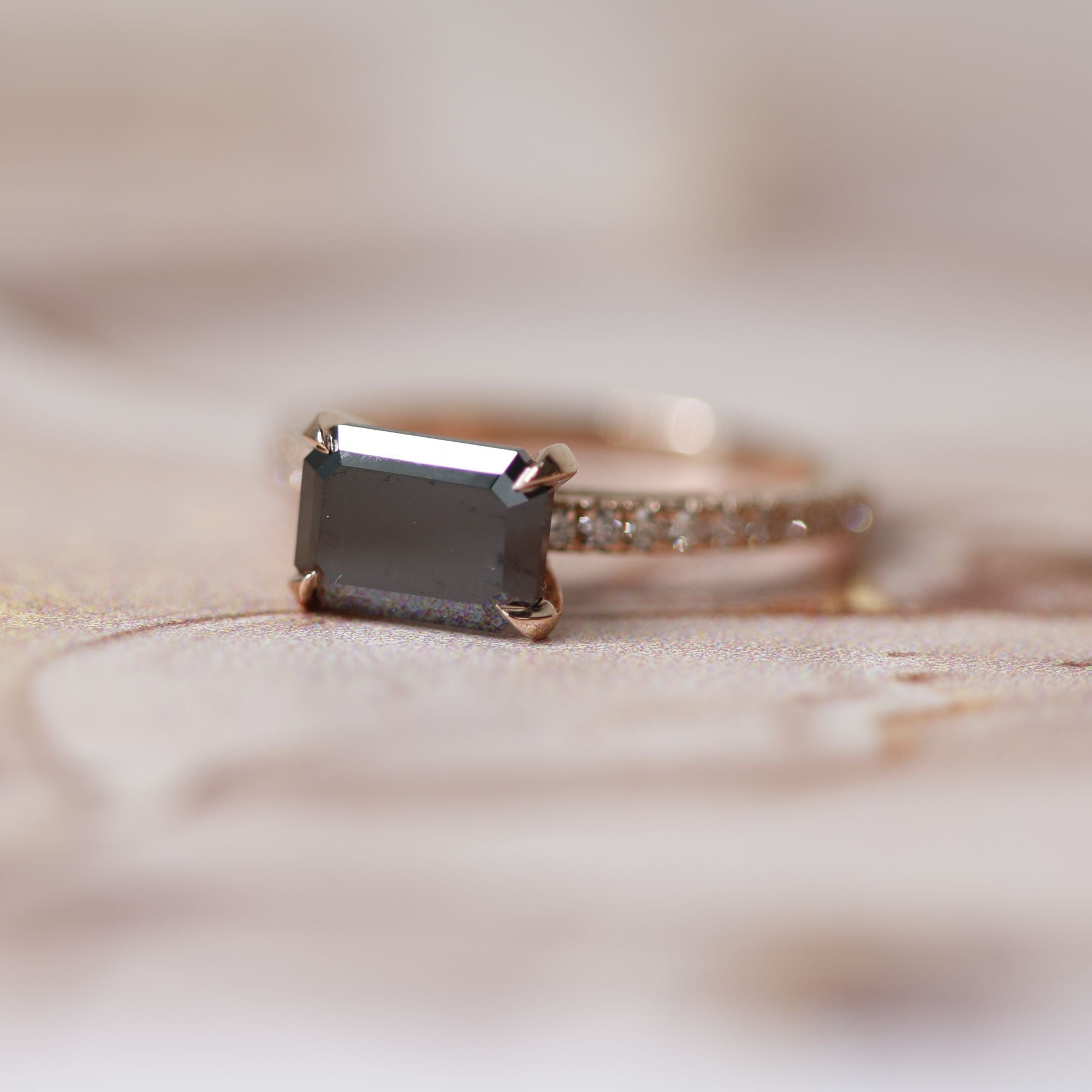 Unique Natural Black Diamond Emerald Engagement Ring