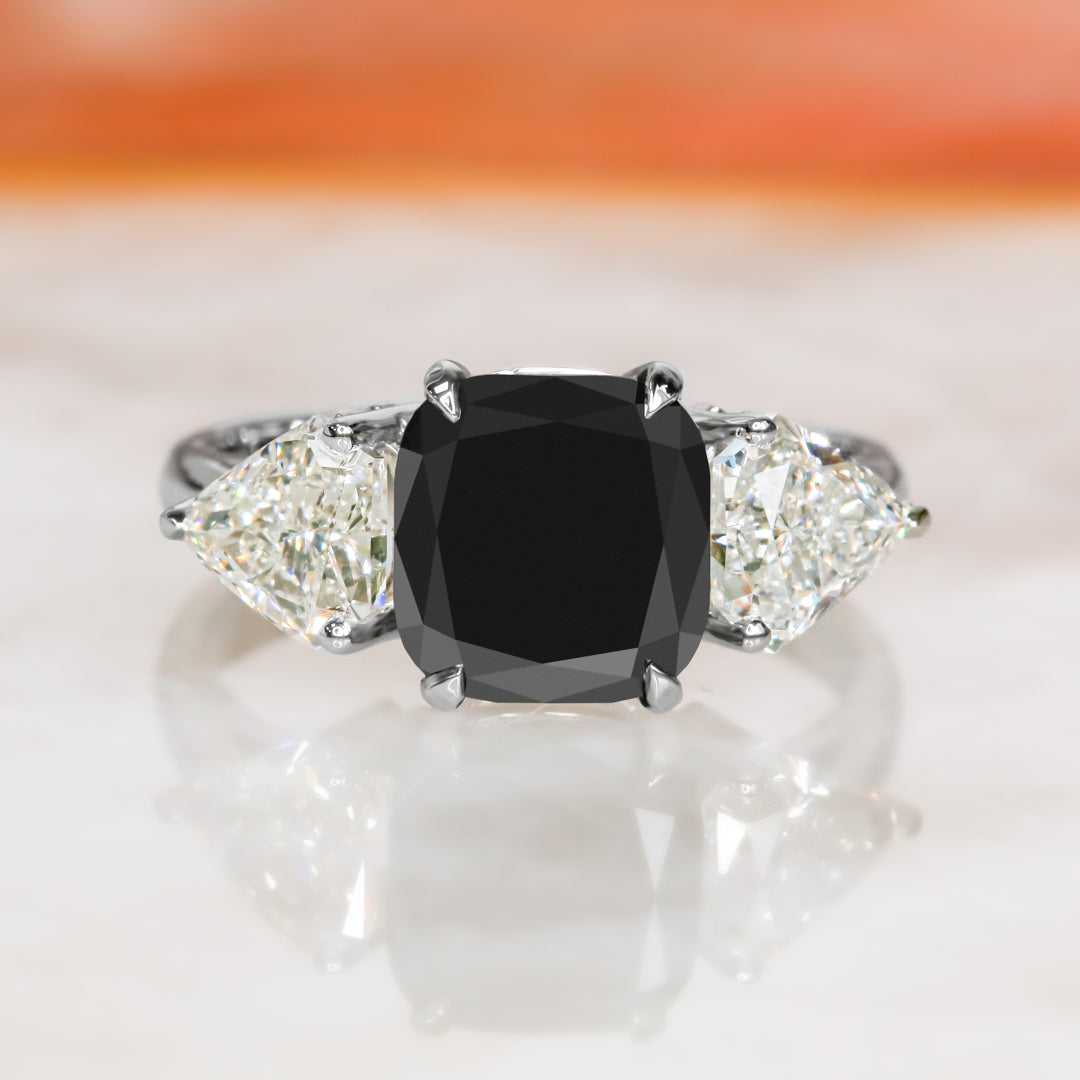 Three Stone Natural Black Diamond Cushion