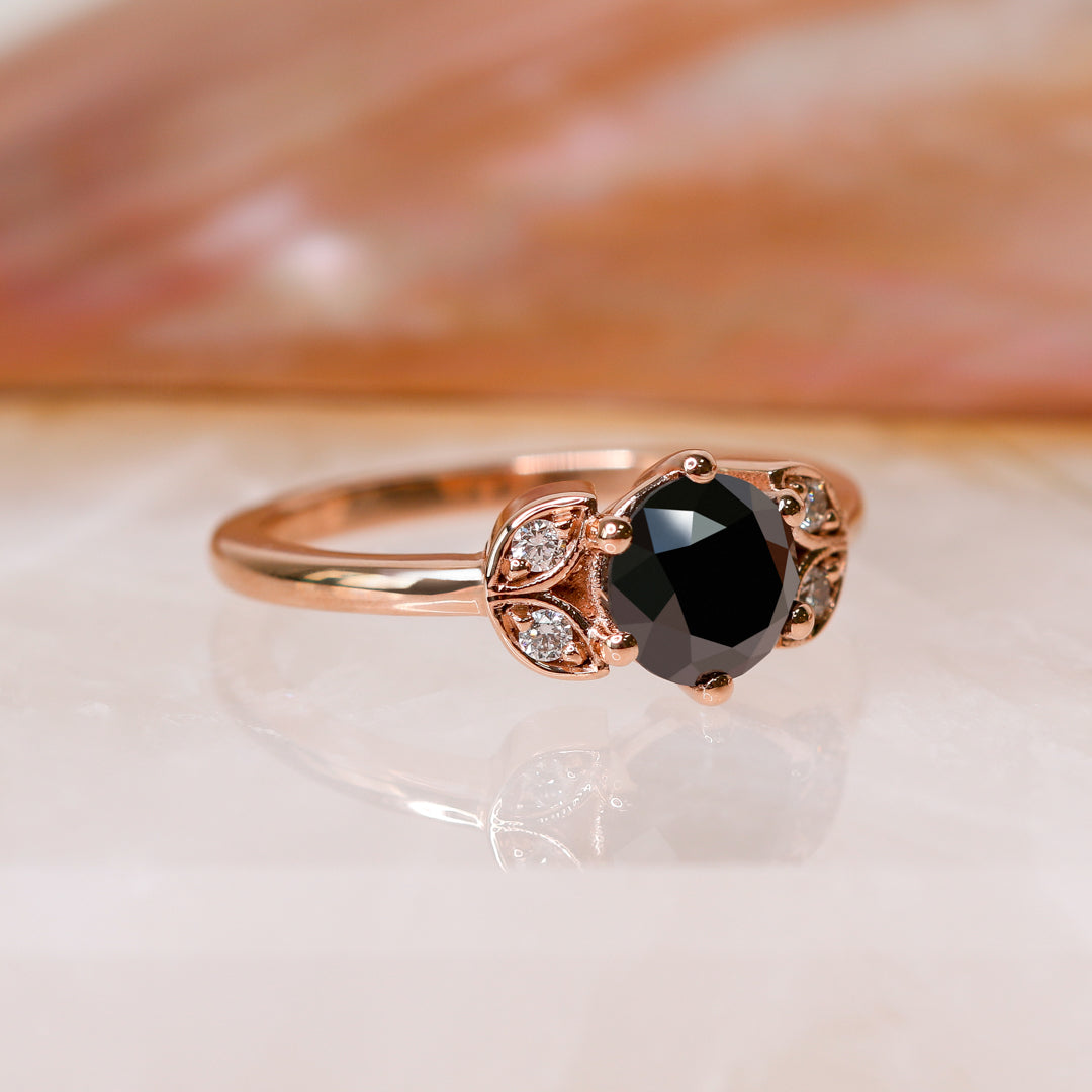 Floral Natural Black Diamond Round Cut Engagement Ring