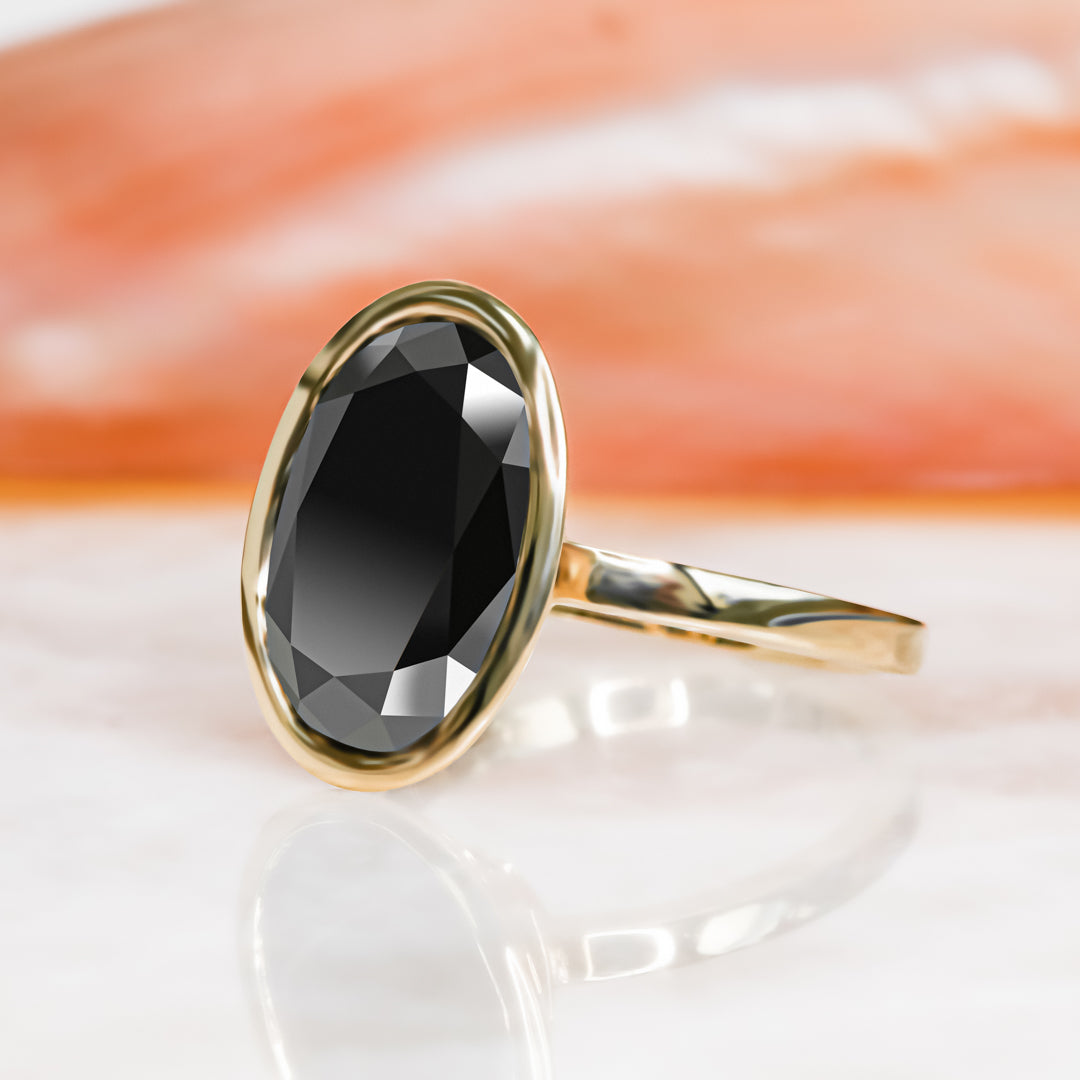 Bezel Natural Black Diamond Oval Engagement Ring