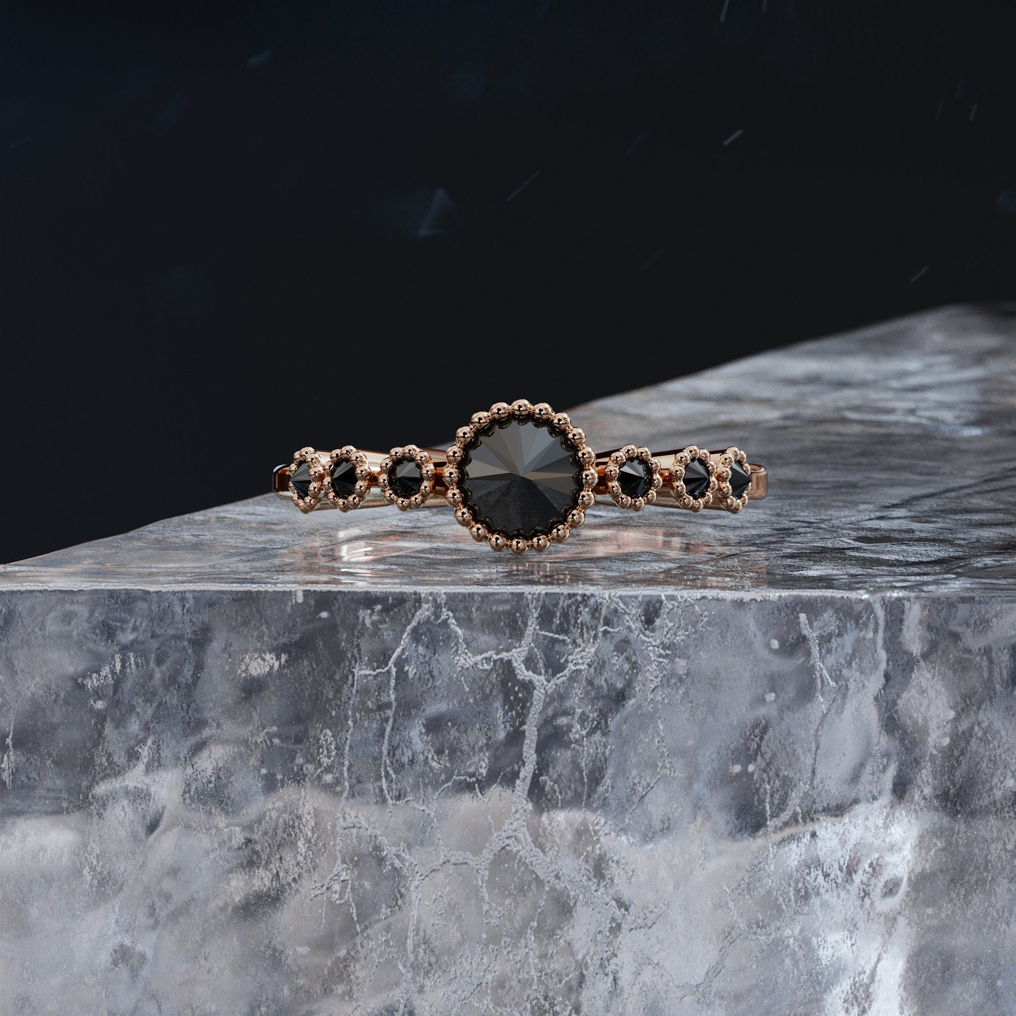 Butterfly - Unique Natural Black Diamond Round Engagement Ring In Rose Gold