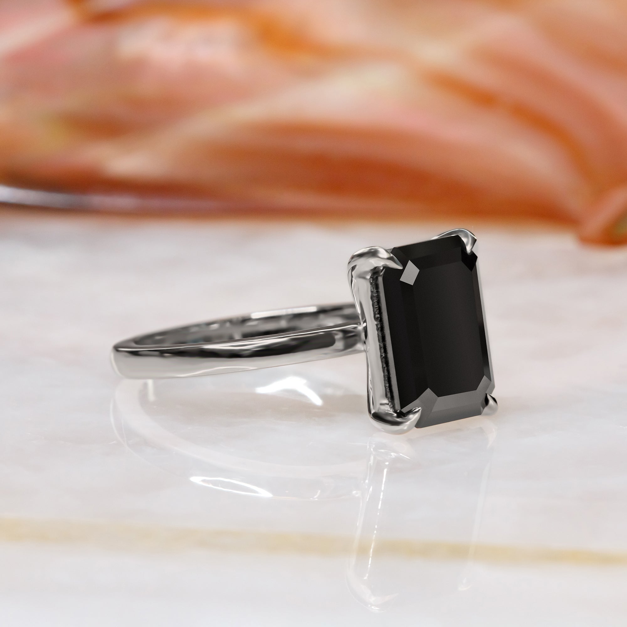 Solitaire Natural Black Diamond Emerald Cut Engagement Ring