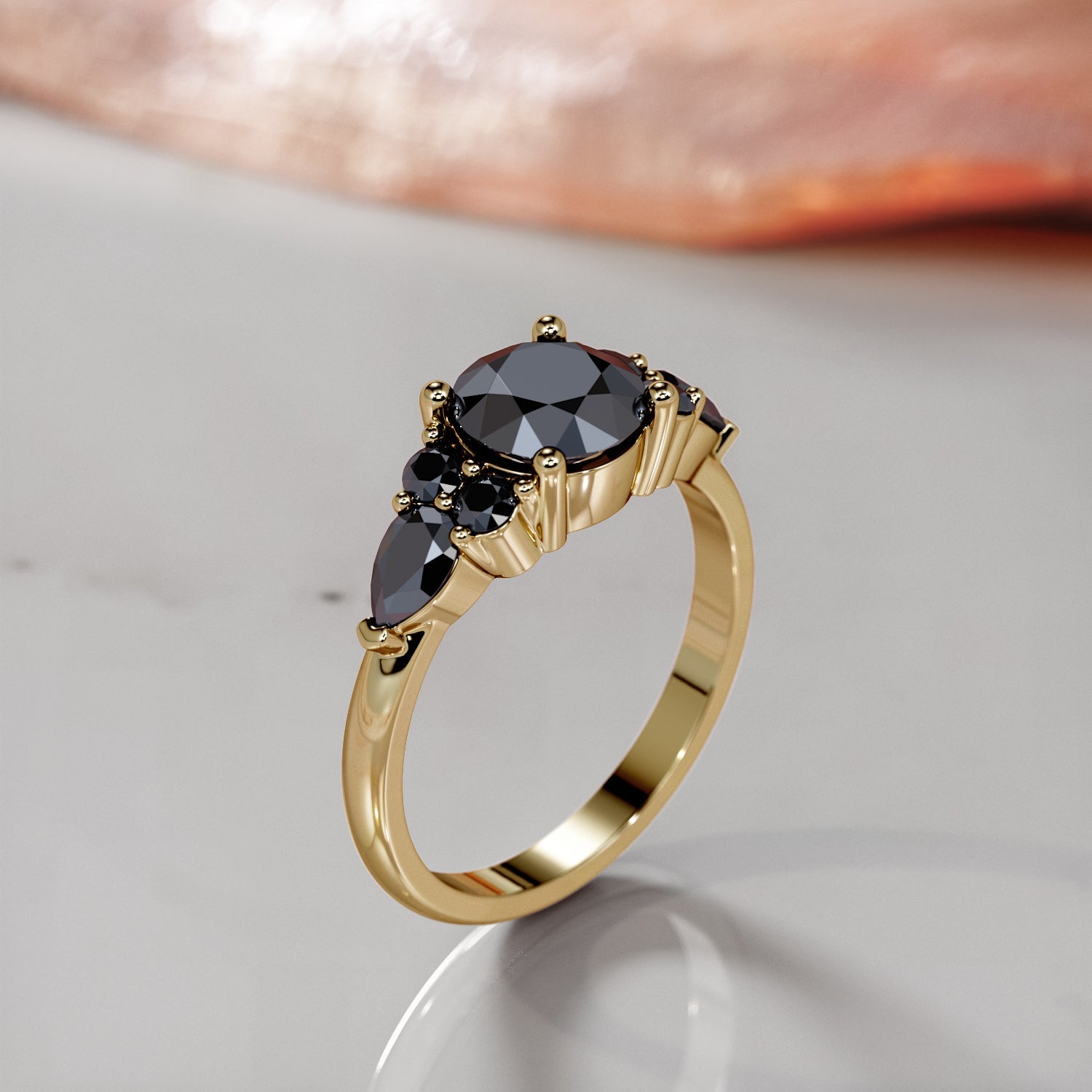 Art Deco 3-stone Natural Black Diamond Round Engagement Ring