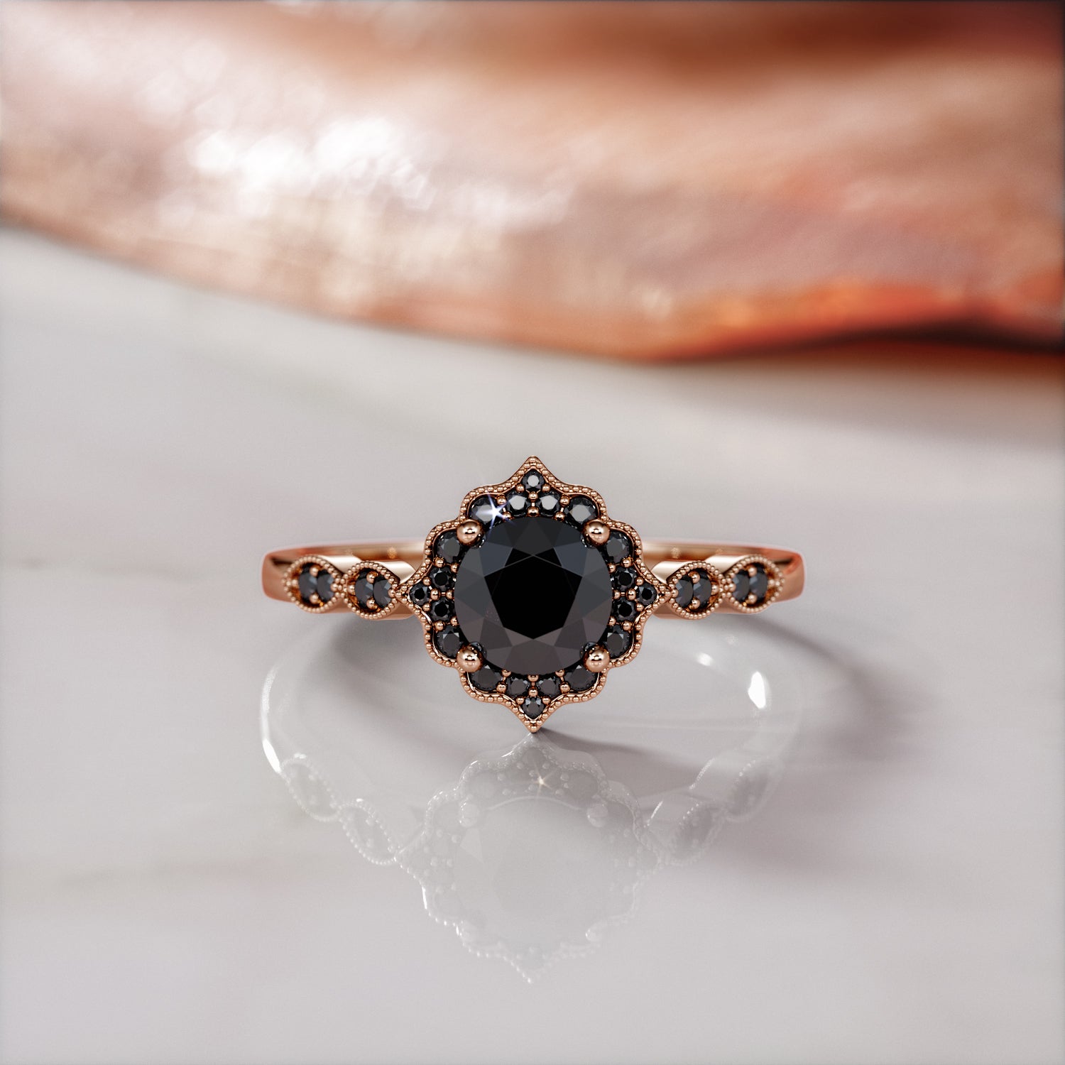 VIntage Halo Natural Black Diamond Round Engagement Ring