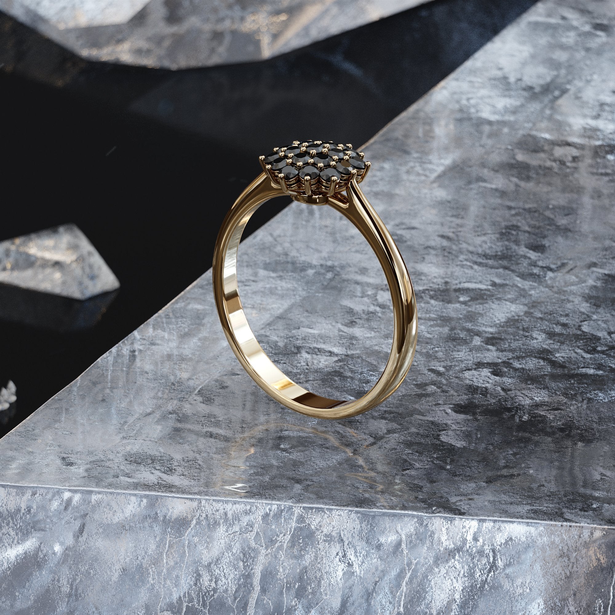 Cluster Natural Black Diamond Ring