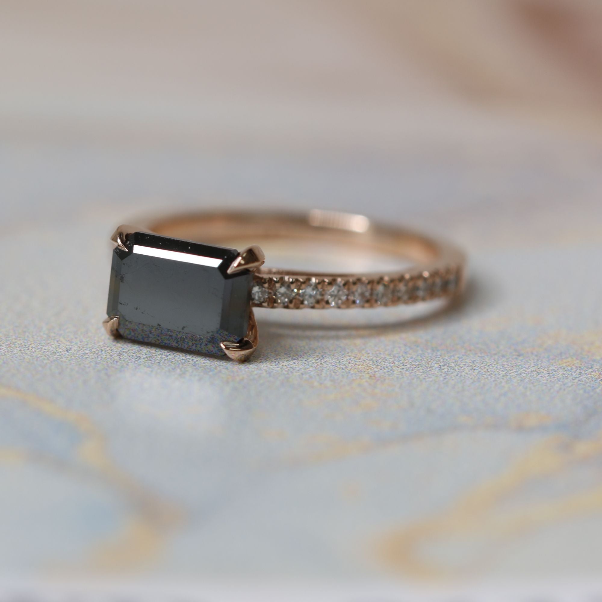 Unique Natural Black Diamond Emerald Engagement Ring