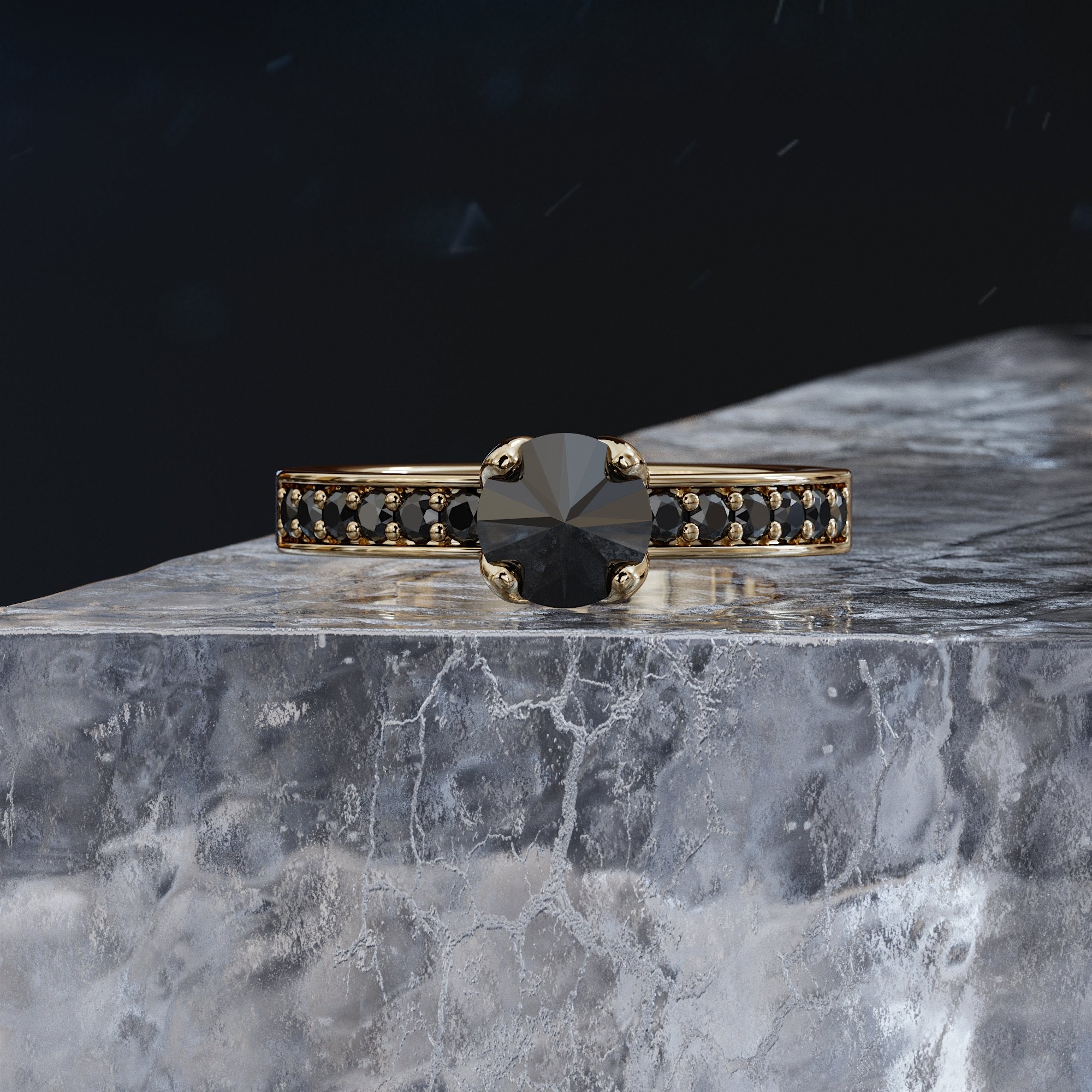 Inverted Natural Black Diamond Round Engagement Ring