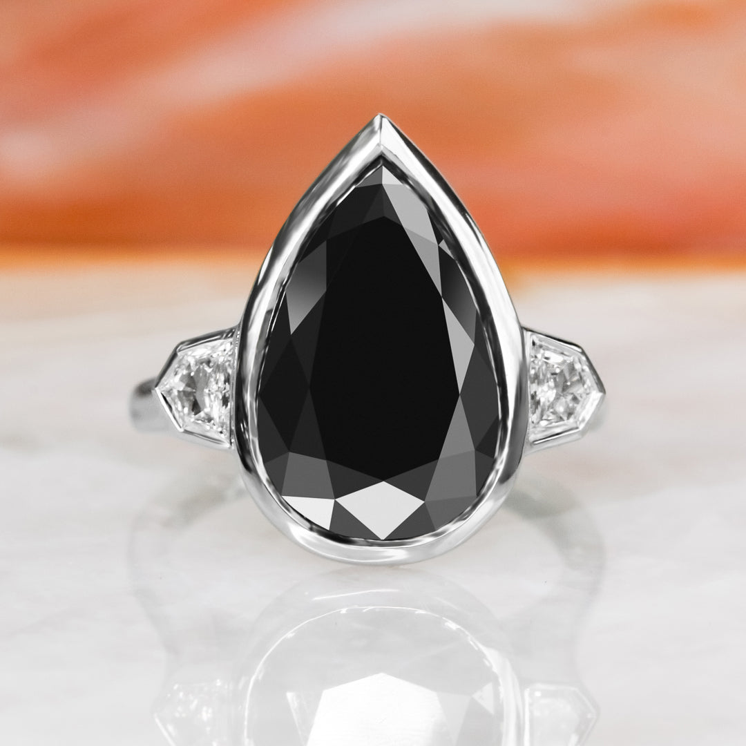 Bezel Natural Black Diamond Pear Engagement Ring