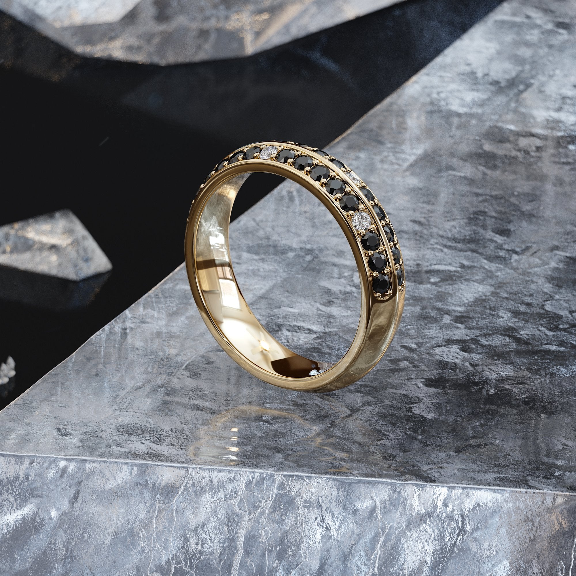Unique Natural Black & White Diamond Ring in Yellow Gold