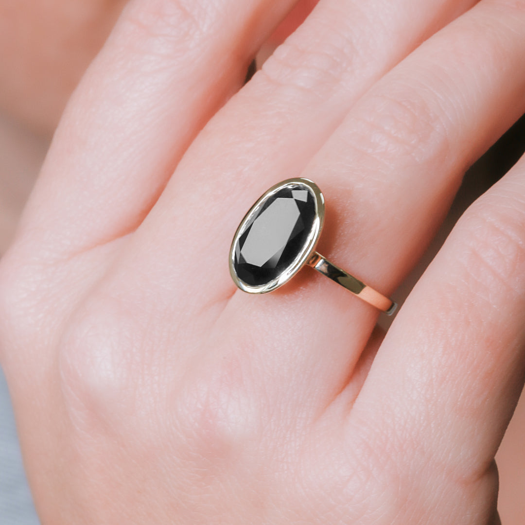 Bezel Natural Black Diamond Oval Engagement Ring