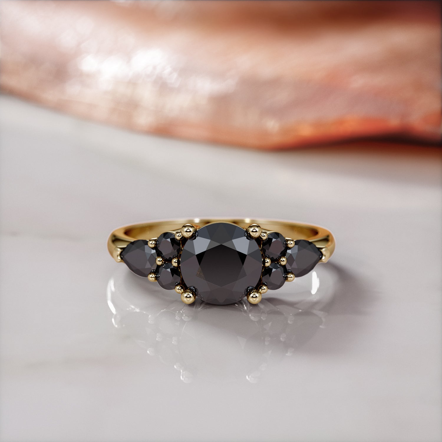 Art Deco 3-stone Natural Black Diamond Round Engagement Ring