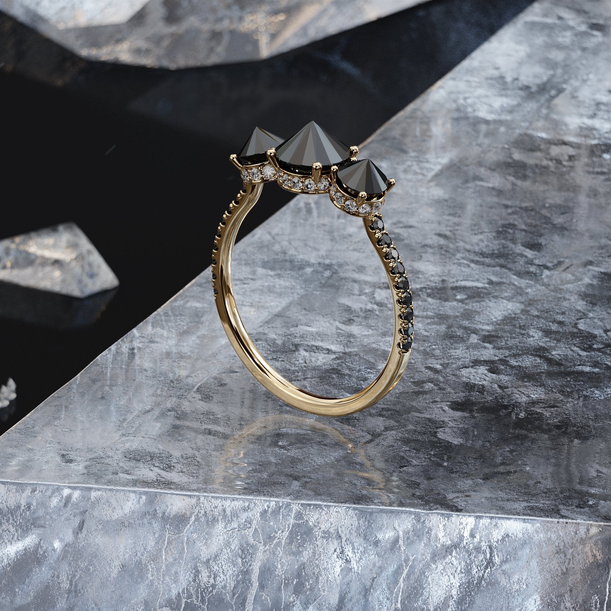 Unique Natural Black Diamond Round Engagement Ring