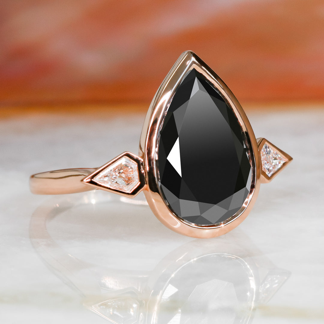 Three Stone Natural Black Diamond Pear Engagement Ring