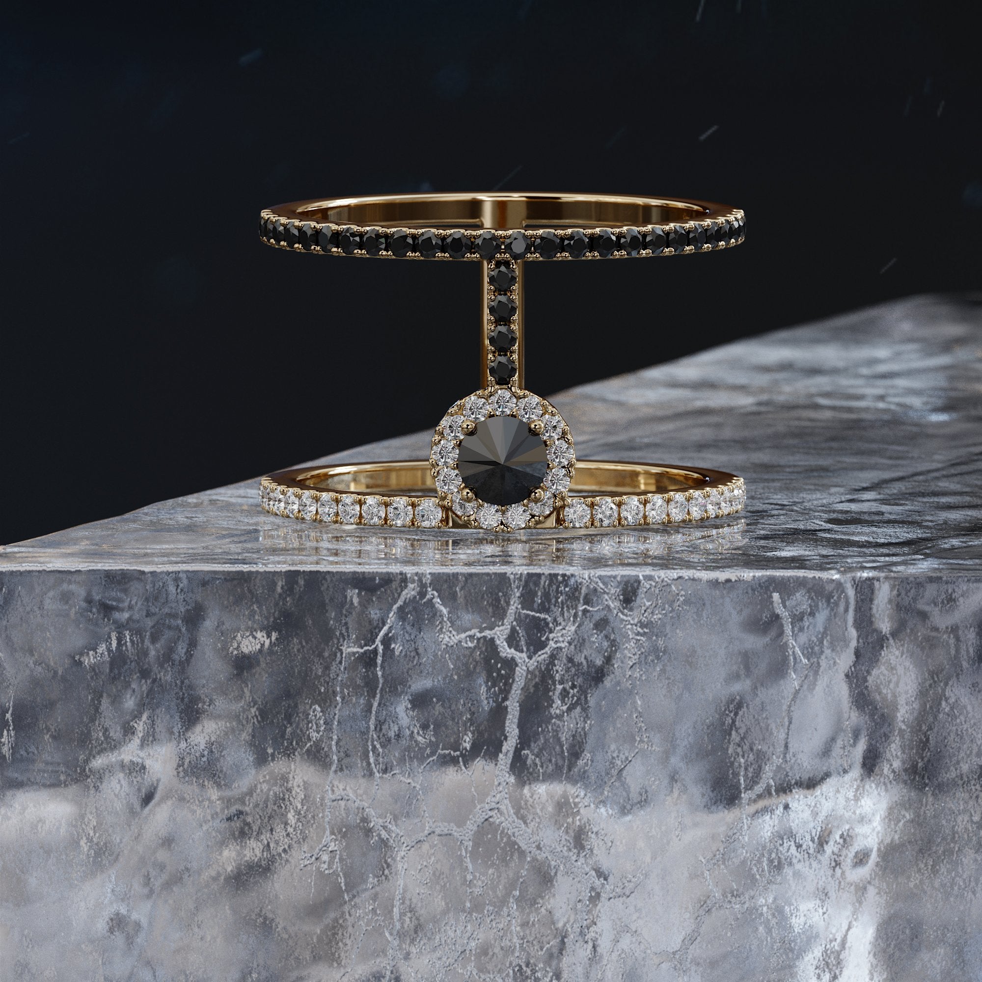 Unique Natural Black & White Round Diamond Ring