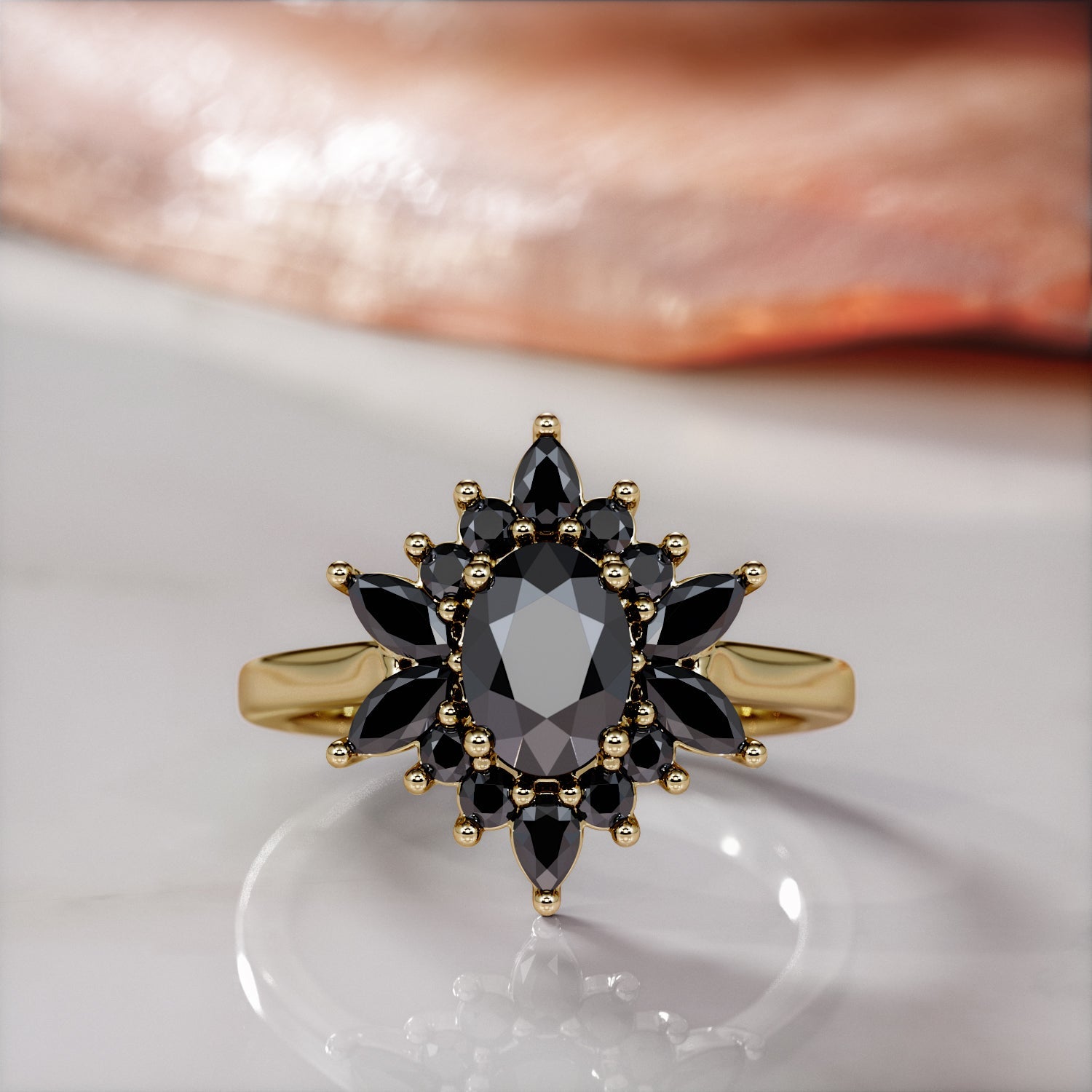 Floral Natural Black Diamond Oval Engagement Ring