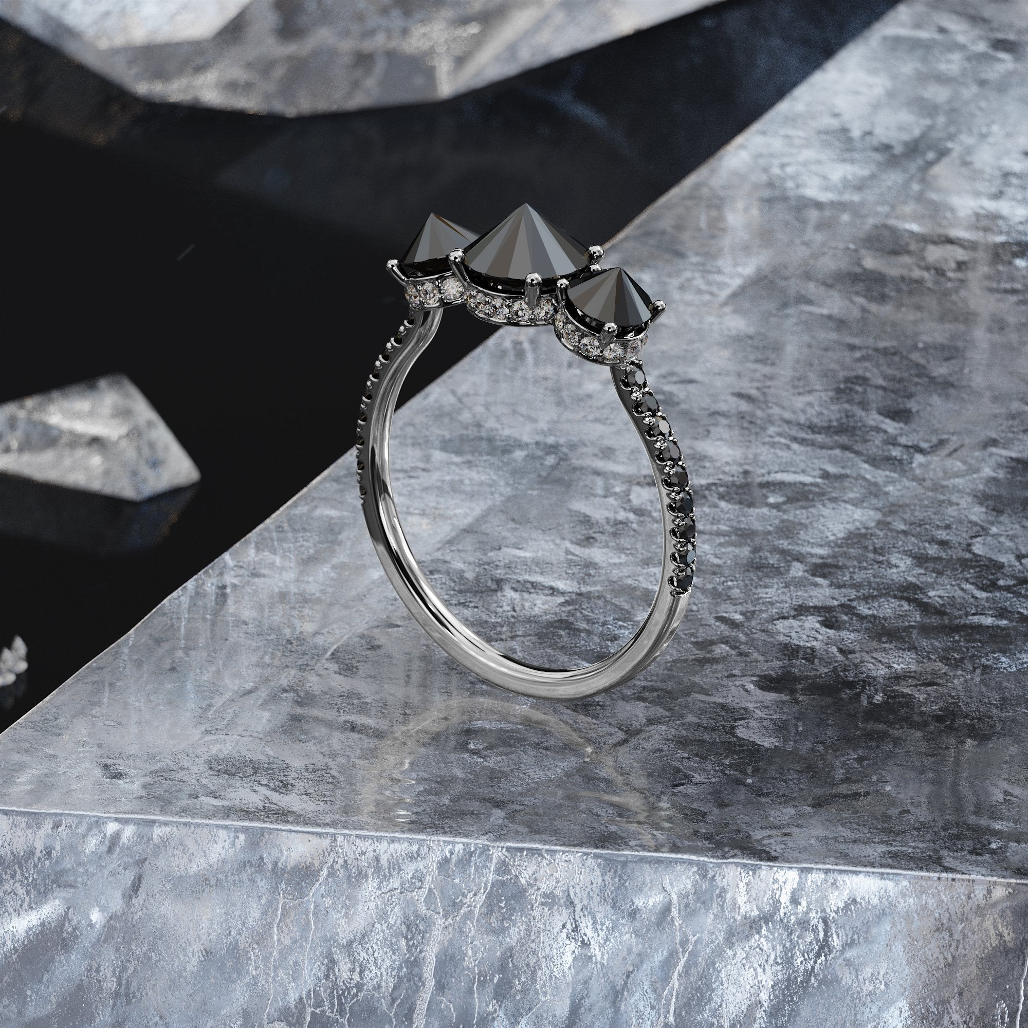 Unique Natural Black Diamond Round Engagement Ring