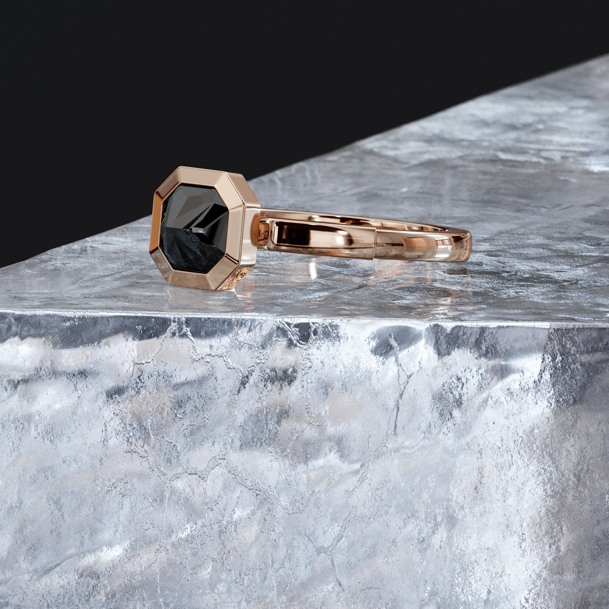 Raven's Wing - Unique Natural Black Diamond Emerald Cut Engagement Ring In Rose Gold