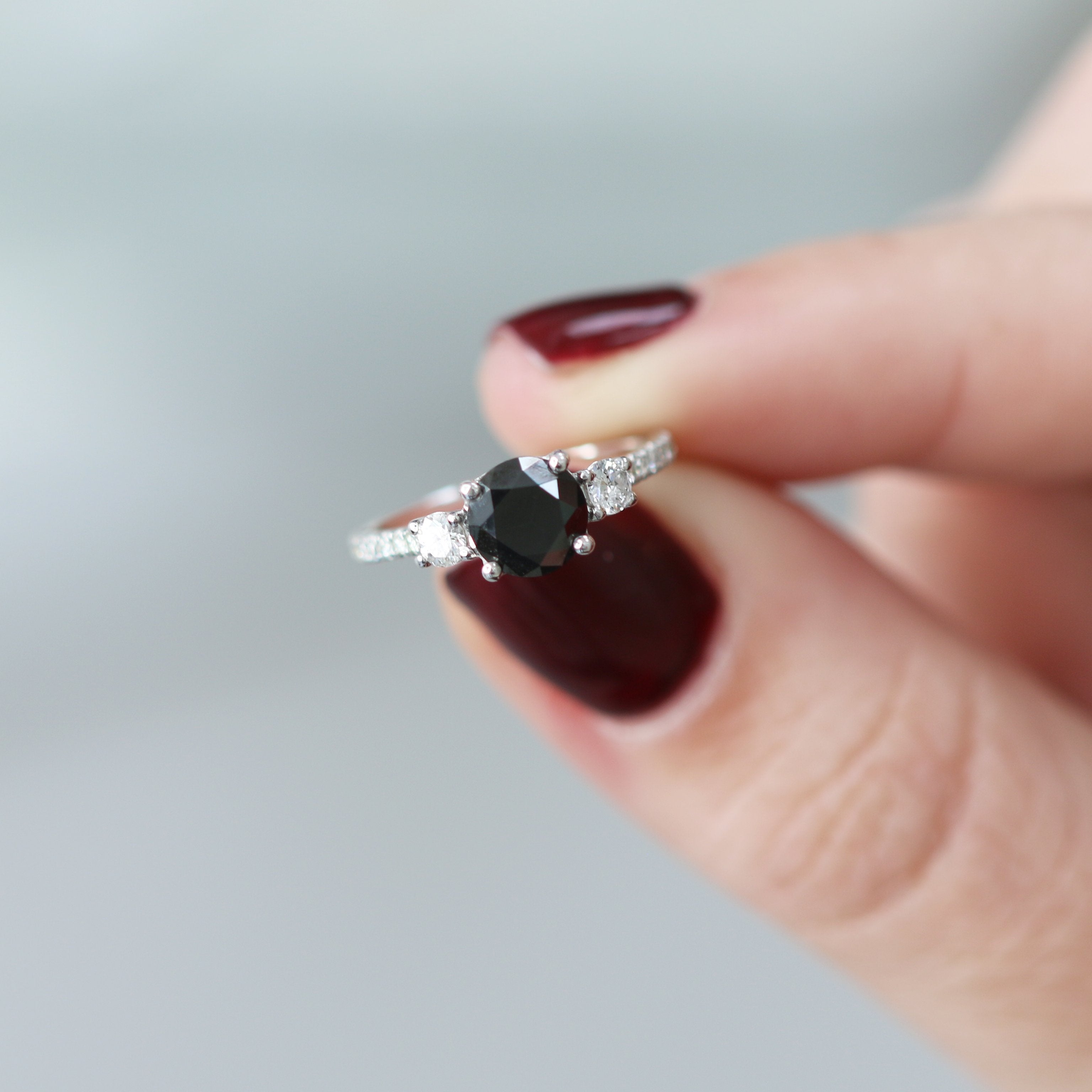 Unique Natural Black Diamond Round Engagement Ring