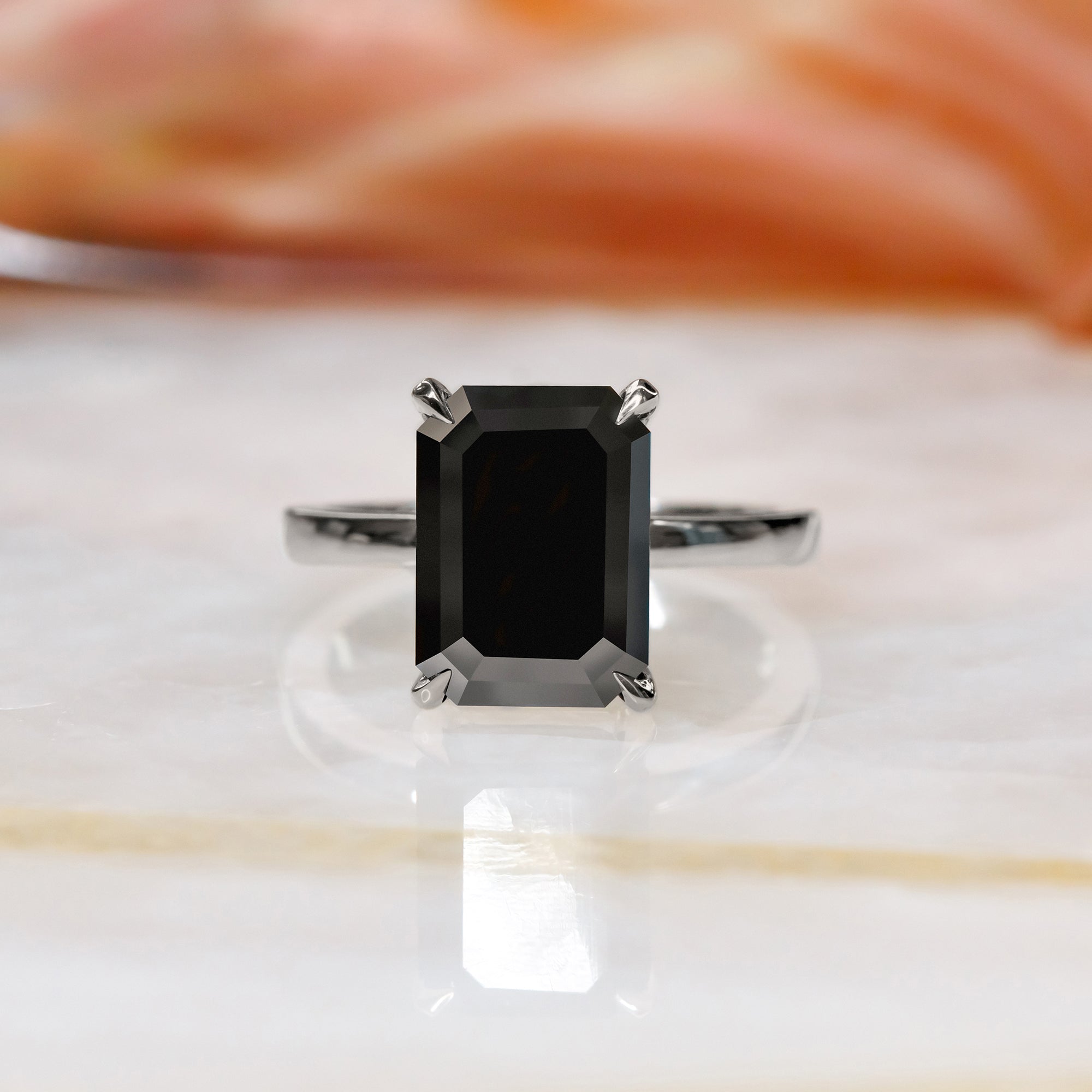 Solitaire Natural Black Diamond Emerald Cut Engagement Ring