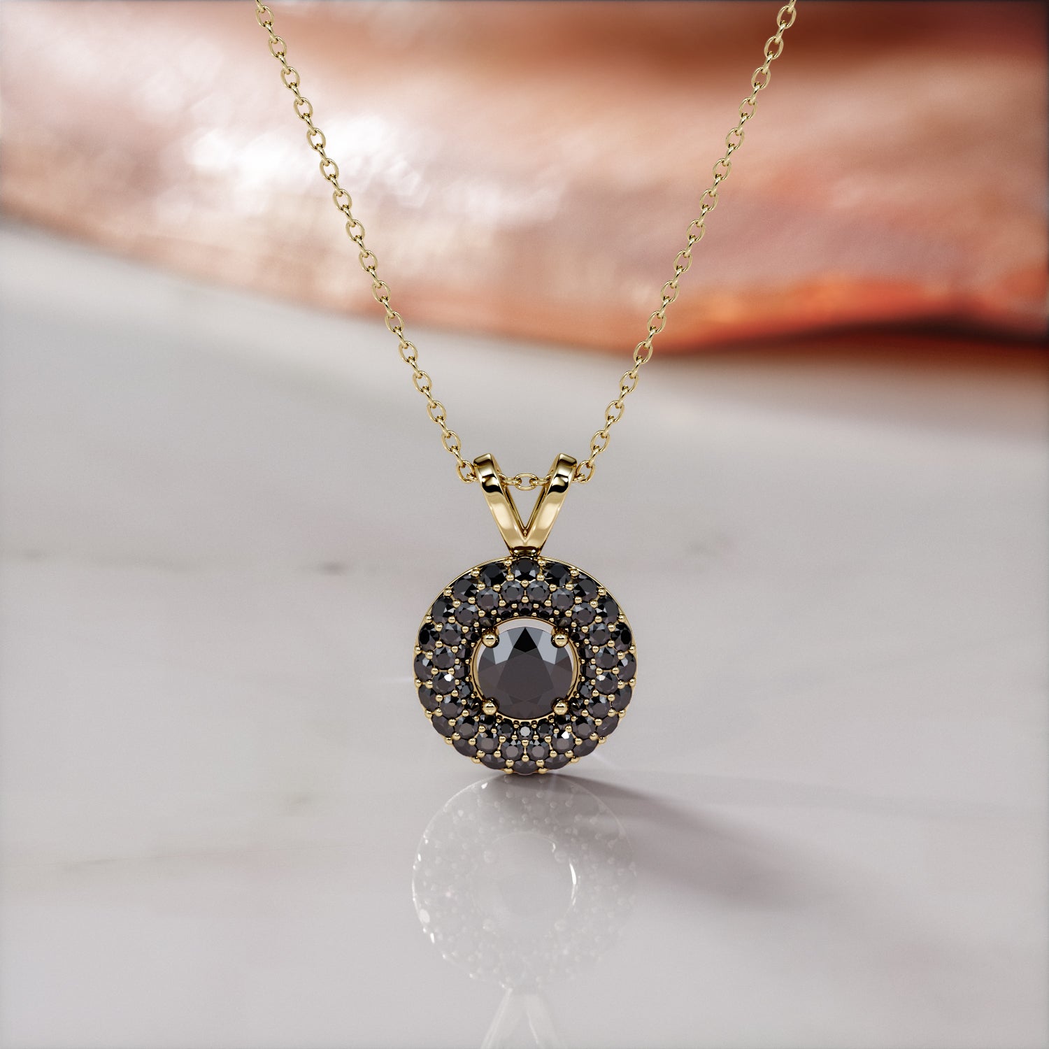 Halo Natural Black Diamond Round Pendant with Necklace