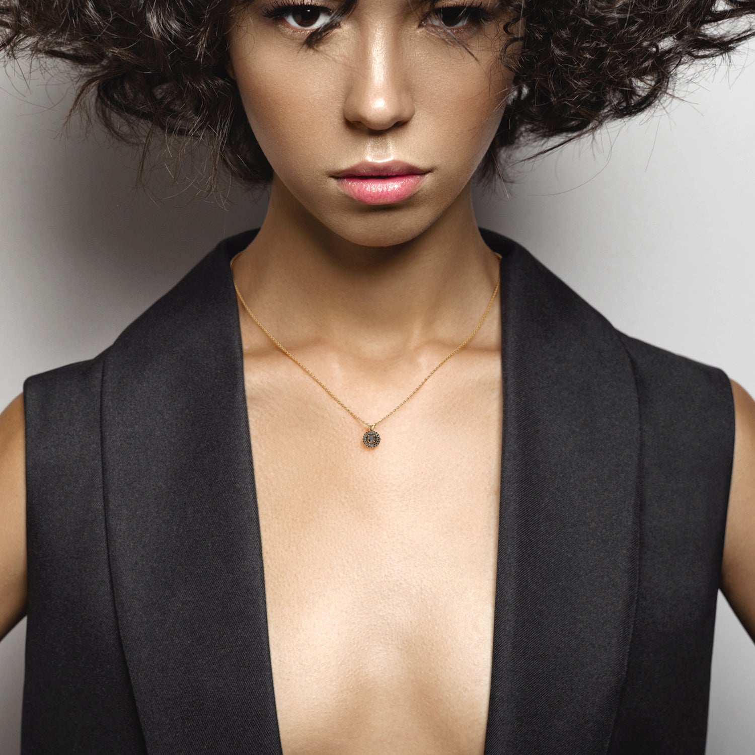 Halo Natural Black Diamond Round Pendant with Necklace