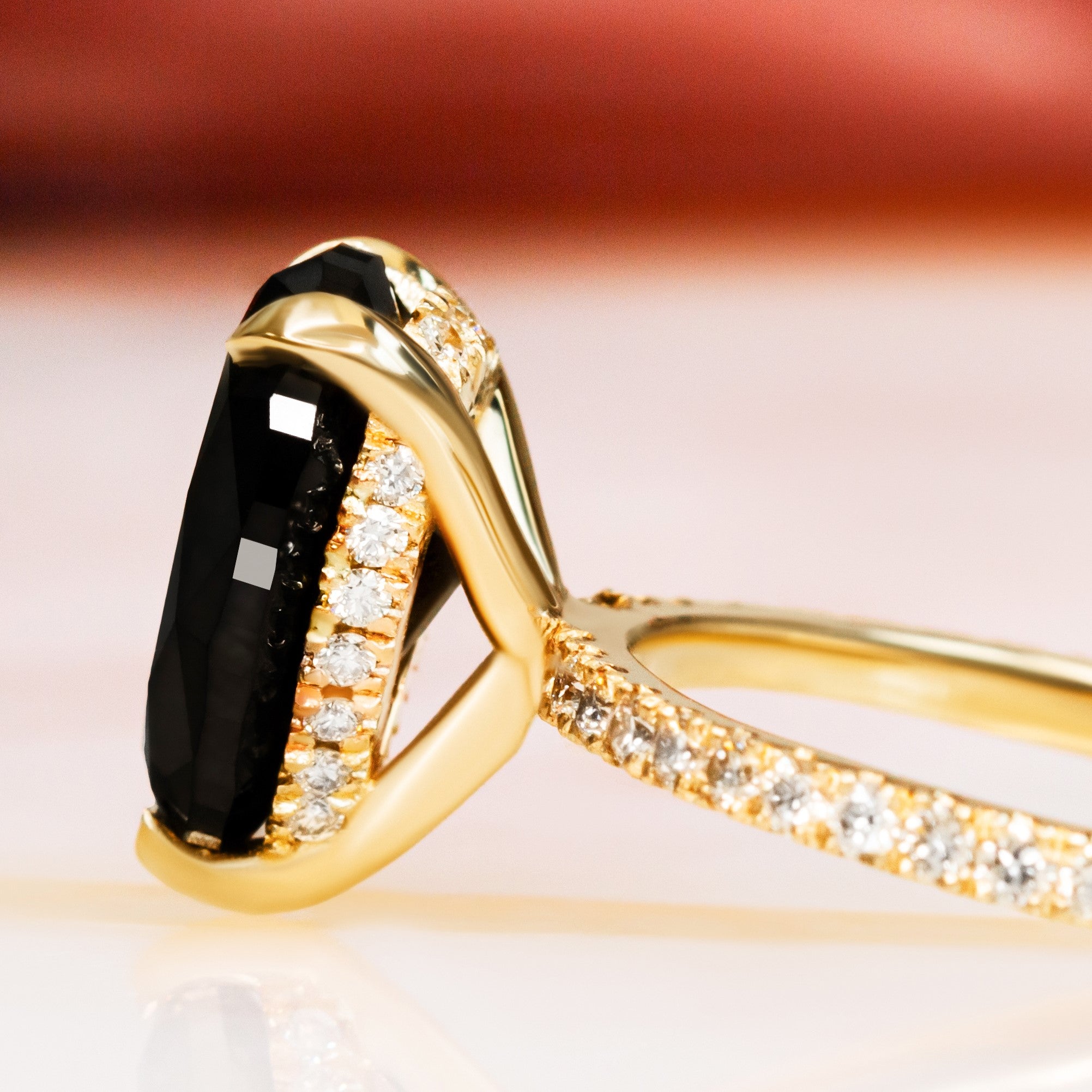 Hidden Halo Natural Black Diamond Pear Engagement Ring in Yellow Gold