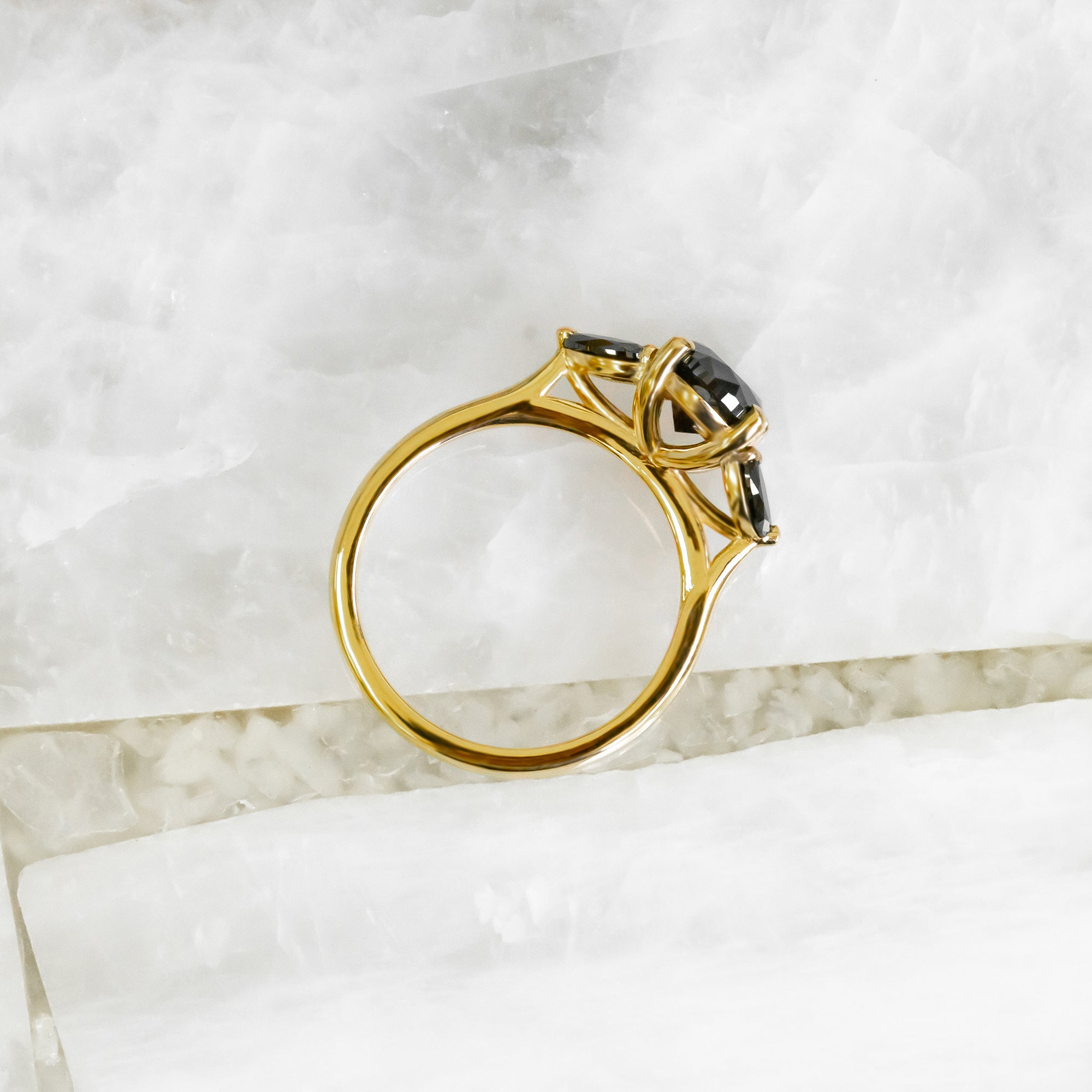 Art Deco  Natural Black Diamond Oval Engagement Ring