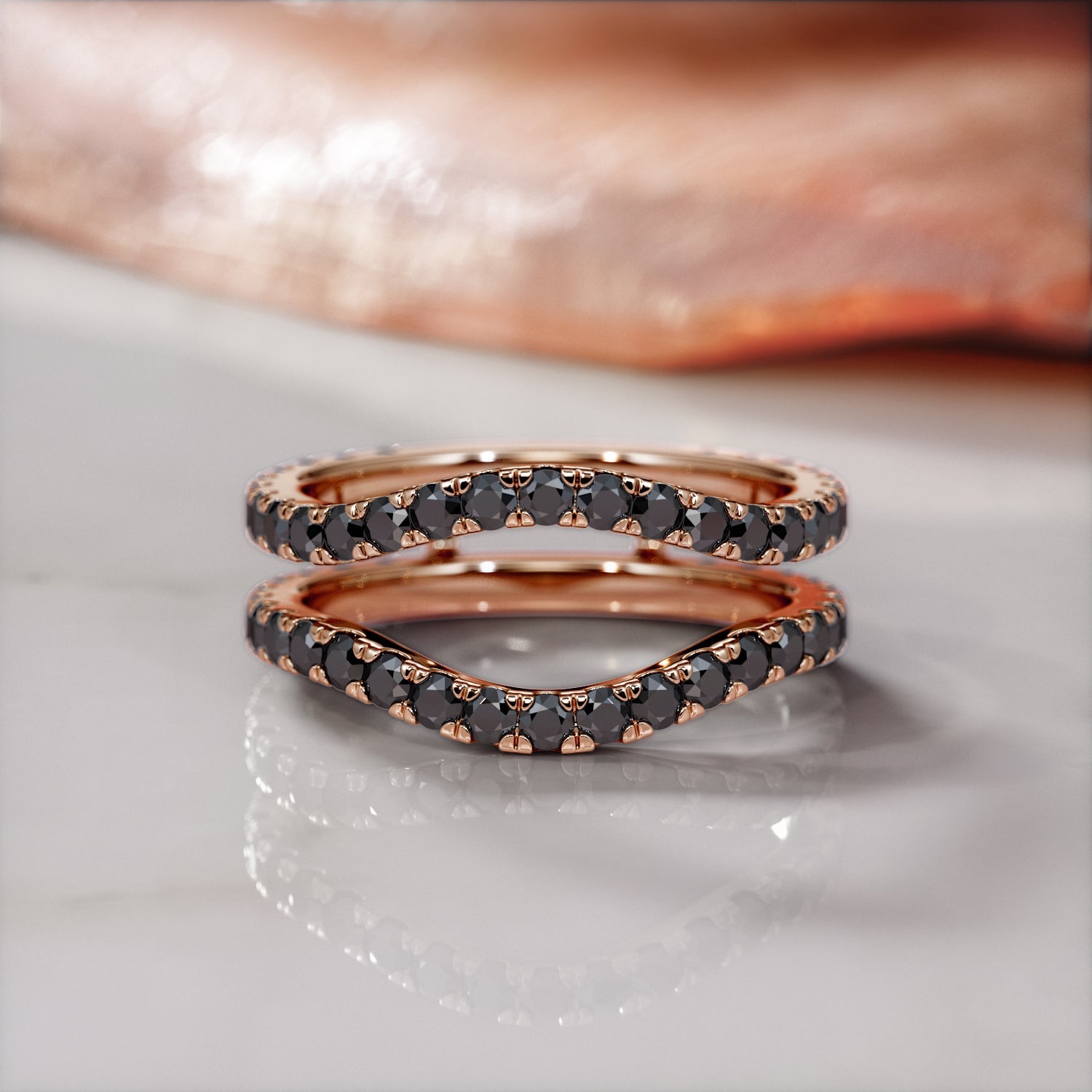 Double Band Wedding Ring with Round Cut Natural Black Diamonds