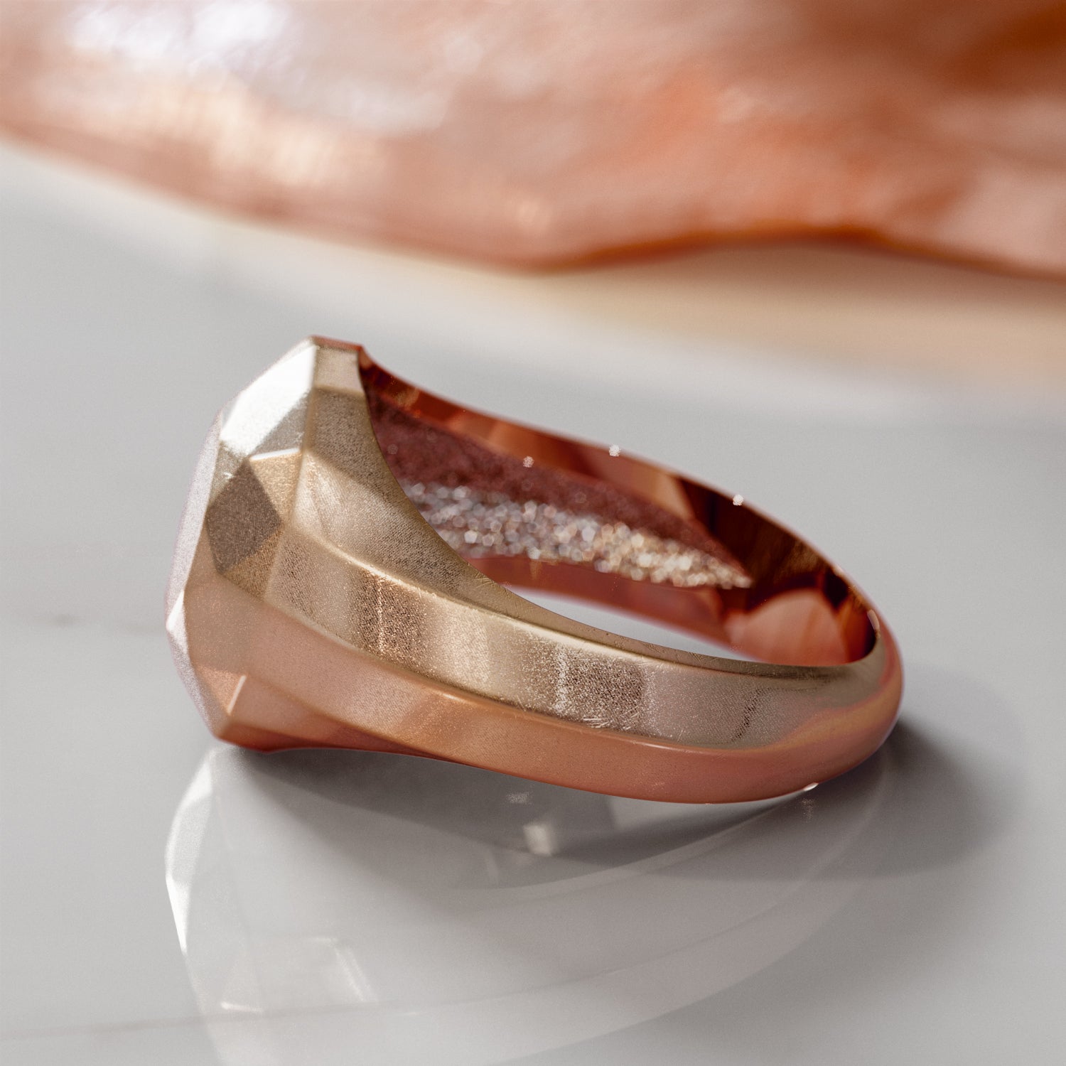 14K Rose Gold Diamond Shaped Faceted Signet Ring