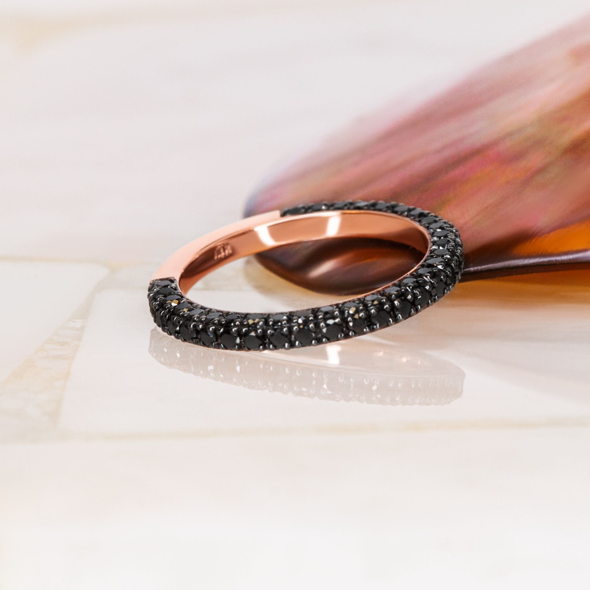 Pave Wedding Ring with Round Cut Natural Black Diamonds Rose Gold