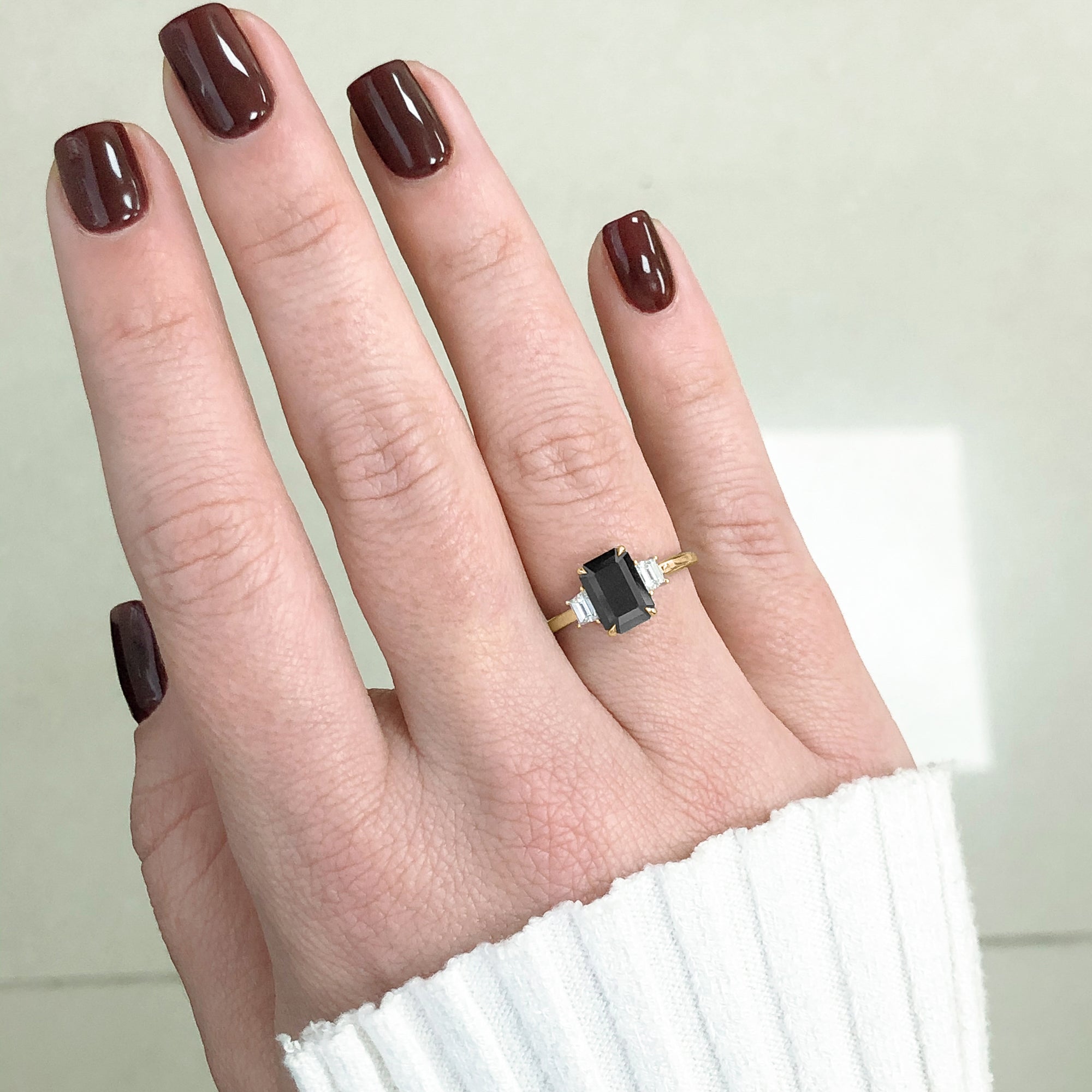 Art Deco Black & White Natural Diamond Emerald Cut Engagement Ring