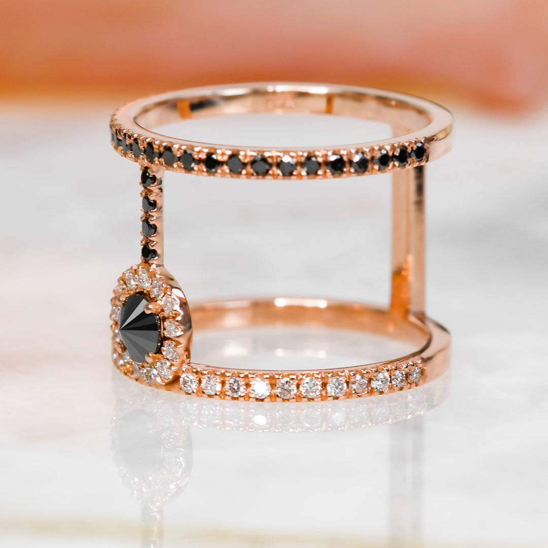 Unique  Natural Black & White Round Diamond Ring in Rose Gold