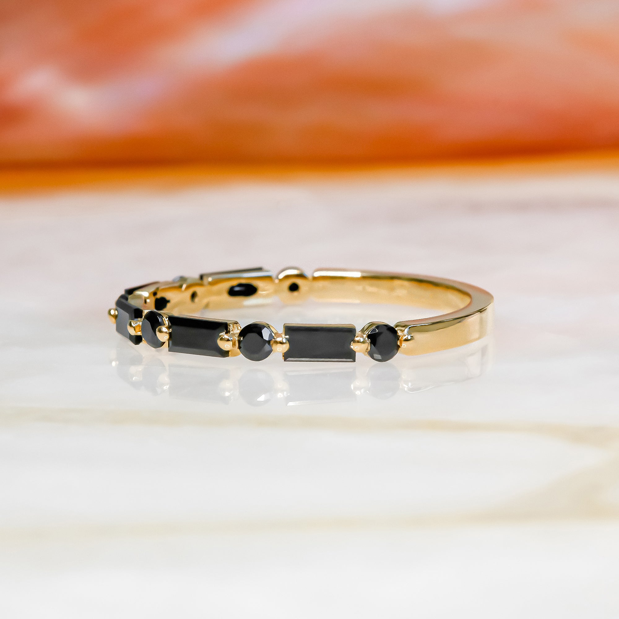 Art Deco Wedding Ring with Round & Baguette Cut Natural Black Diamonds