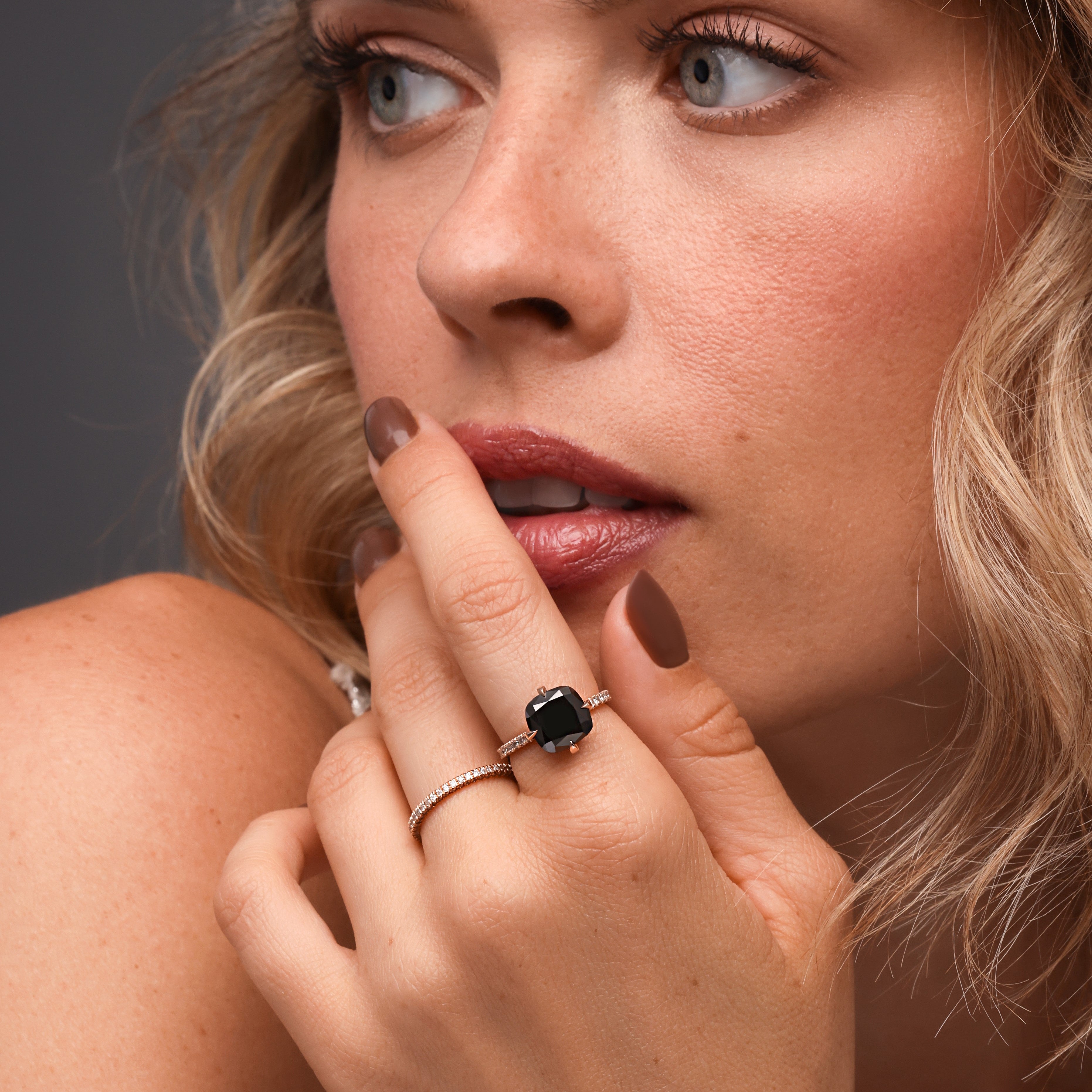 Compass  Natural Black Diamond Cushion Engagement Ring