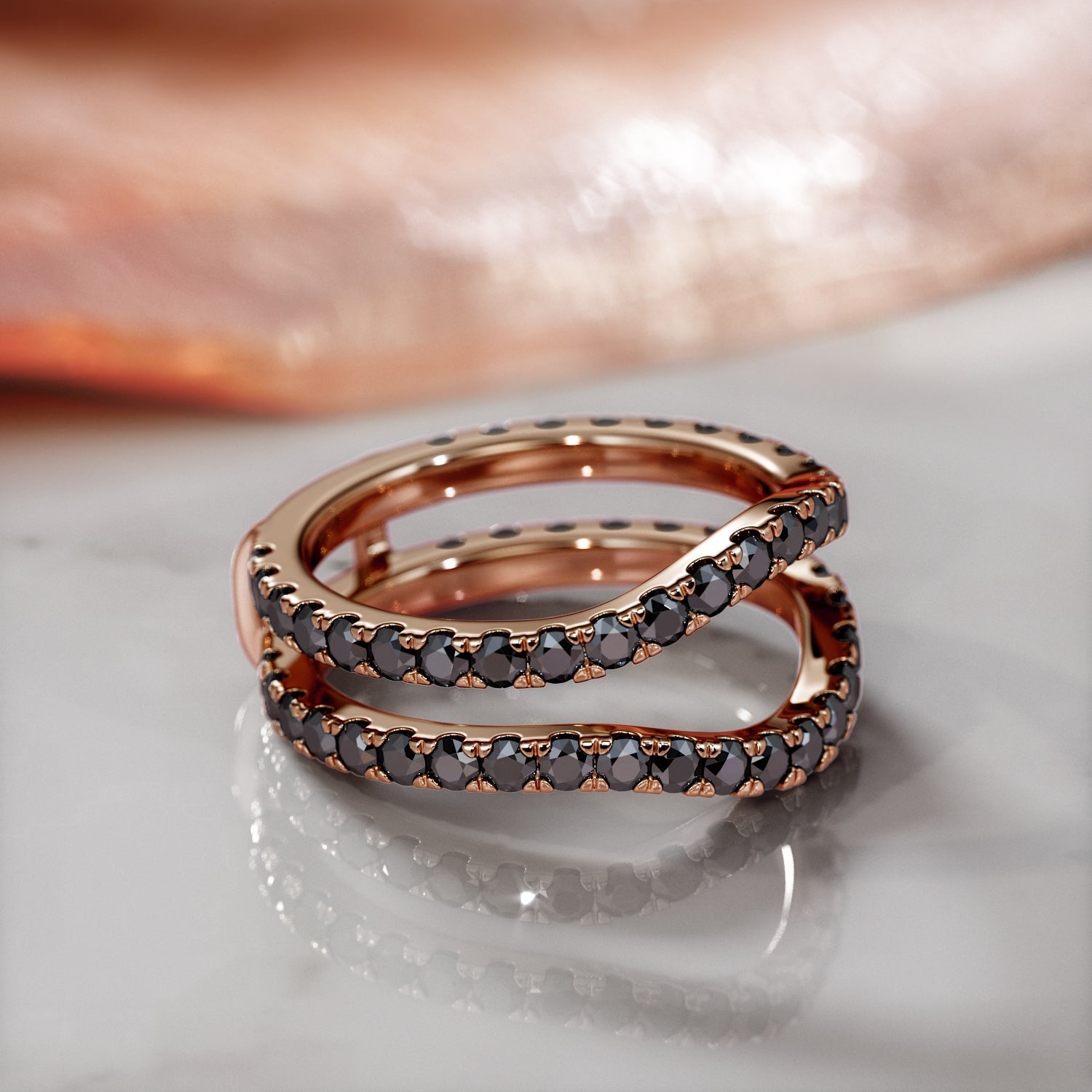 Double Band Wedding Ring with Round Cut Natural Black Diamonds