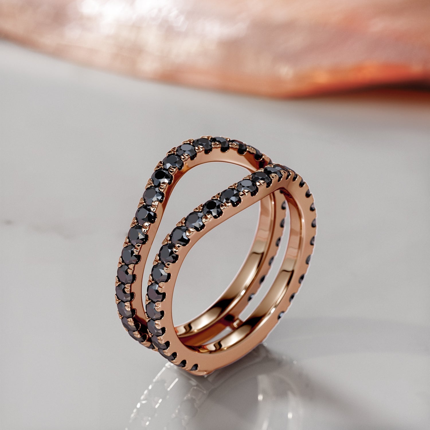 Double Band Wedding Ring with Round Cut Natural Black Diamonds