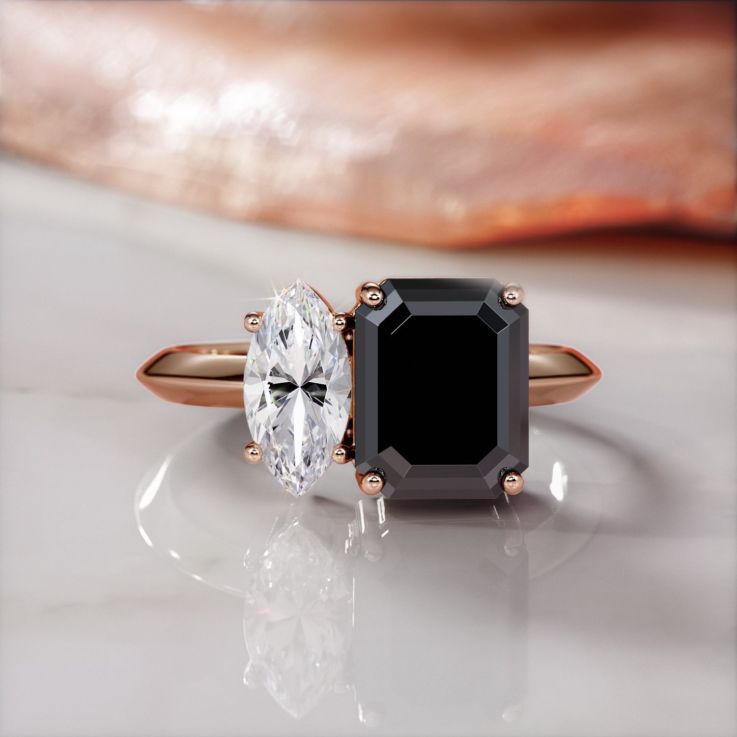 Mercury'S Moons - Two Stone  Natural Black Diamond Emerald Engagement Ring