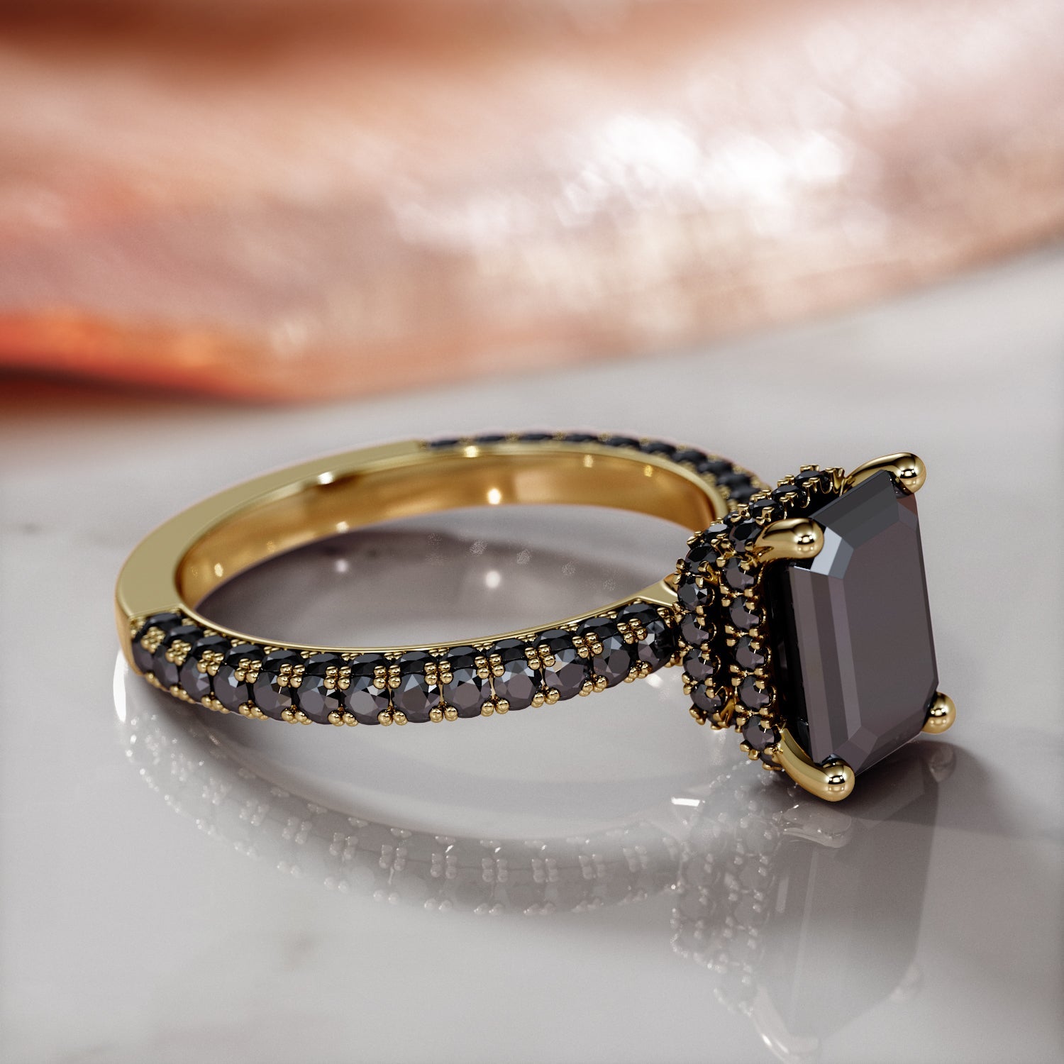 Black Diamond  Natural Black Diamond Emerald Cut Engagement Ring  in Yellow Gold