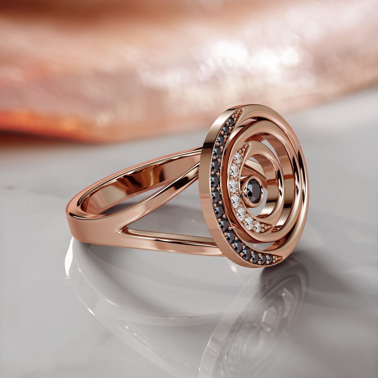 Cresented  Natural Black Diamond Wedding RIng
