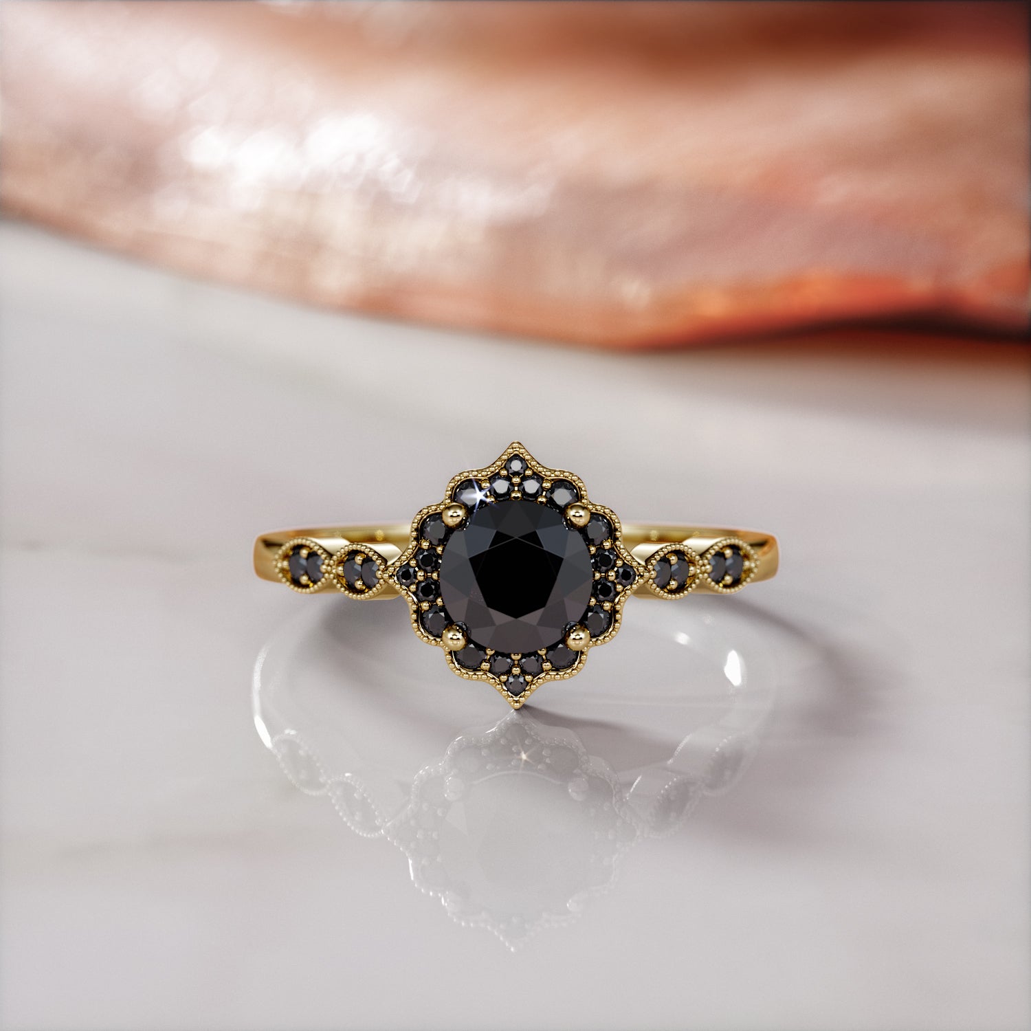VIntage Halo  Natural Black Diamond Round Engagement Ring