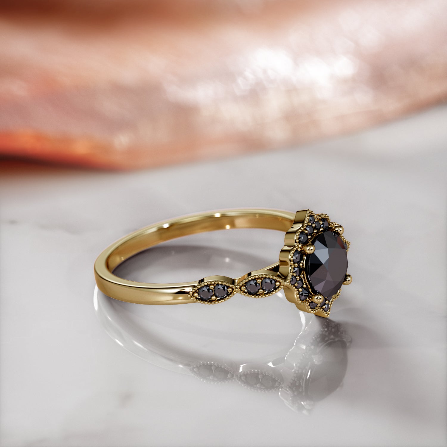 VIntage Halo  Natural Black Diamond Round Engagement Ring