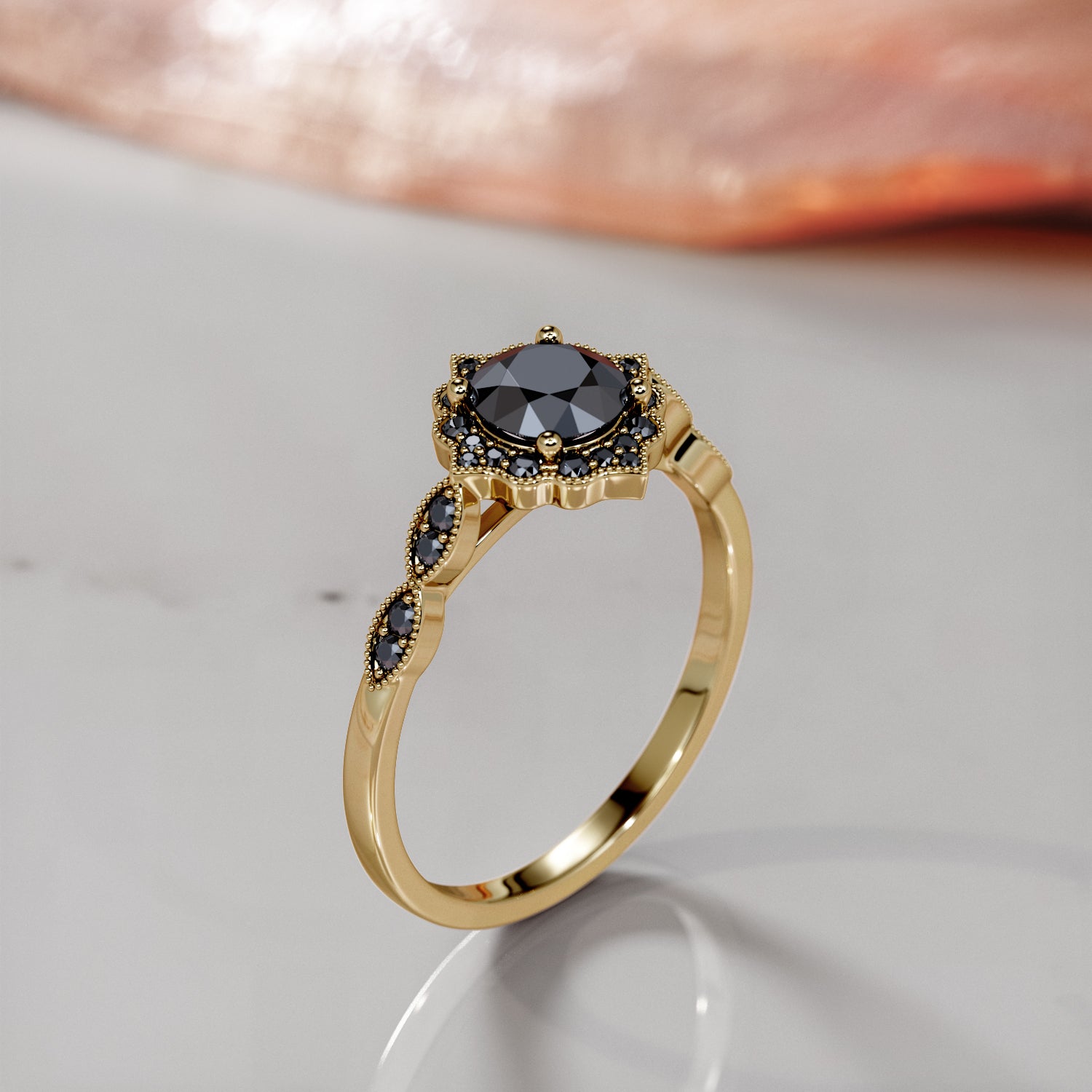 VIntage Halo  Natural Black Diamond Round Engagement Ring