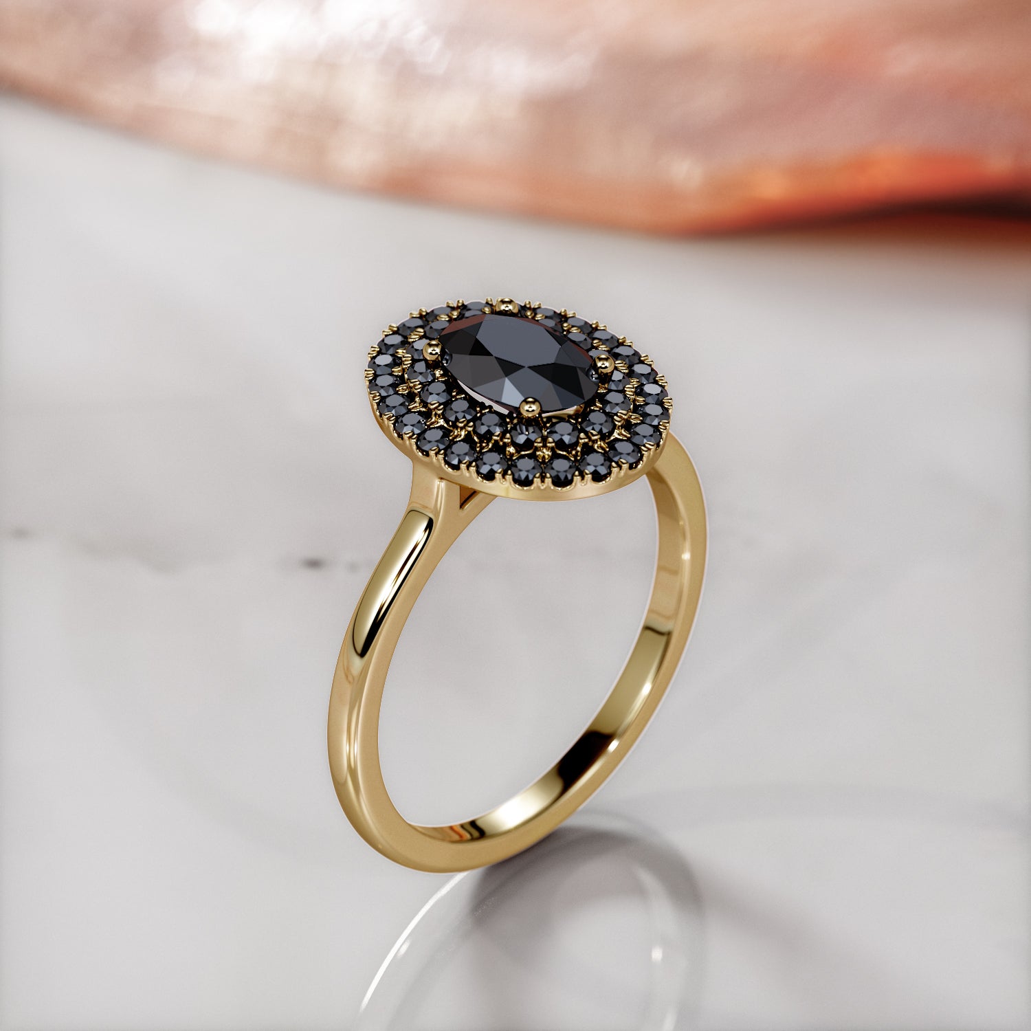 Double Halo Natural Black Diamond Oval Engagement Ring