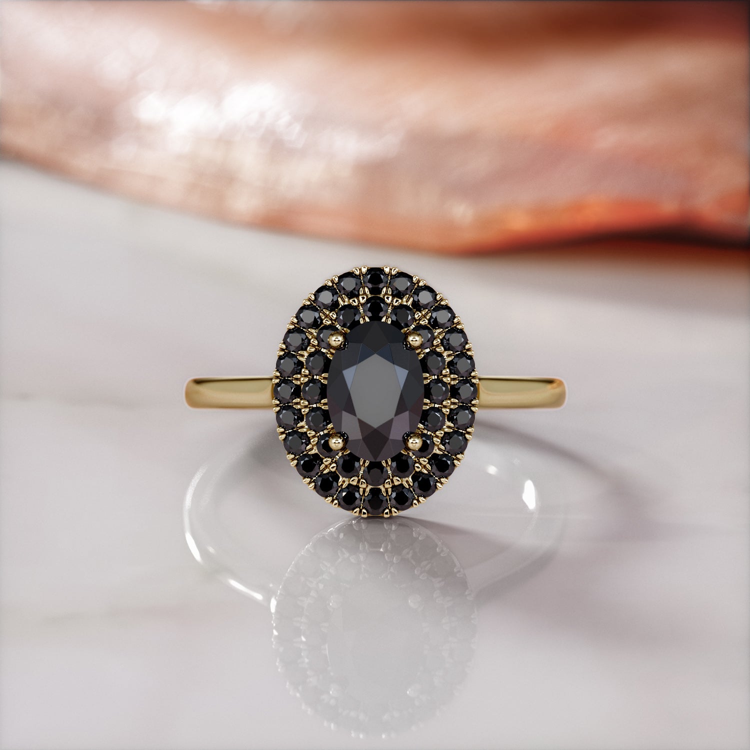 Double Halo Natural Black Diamond Oval Engagement Ring