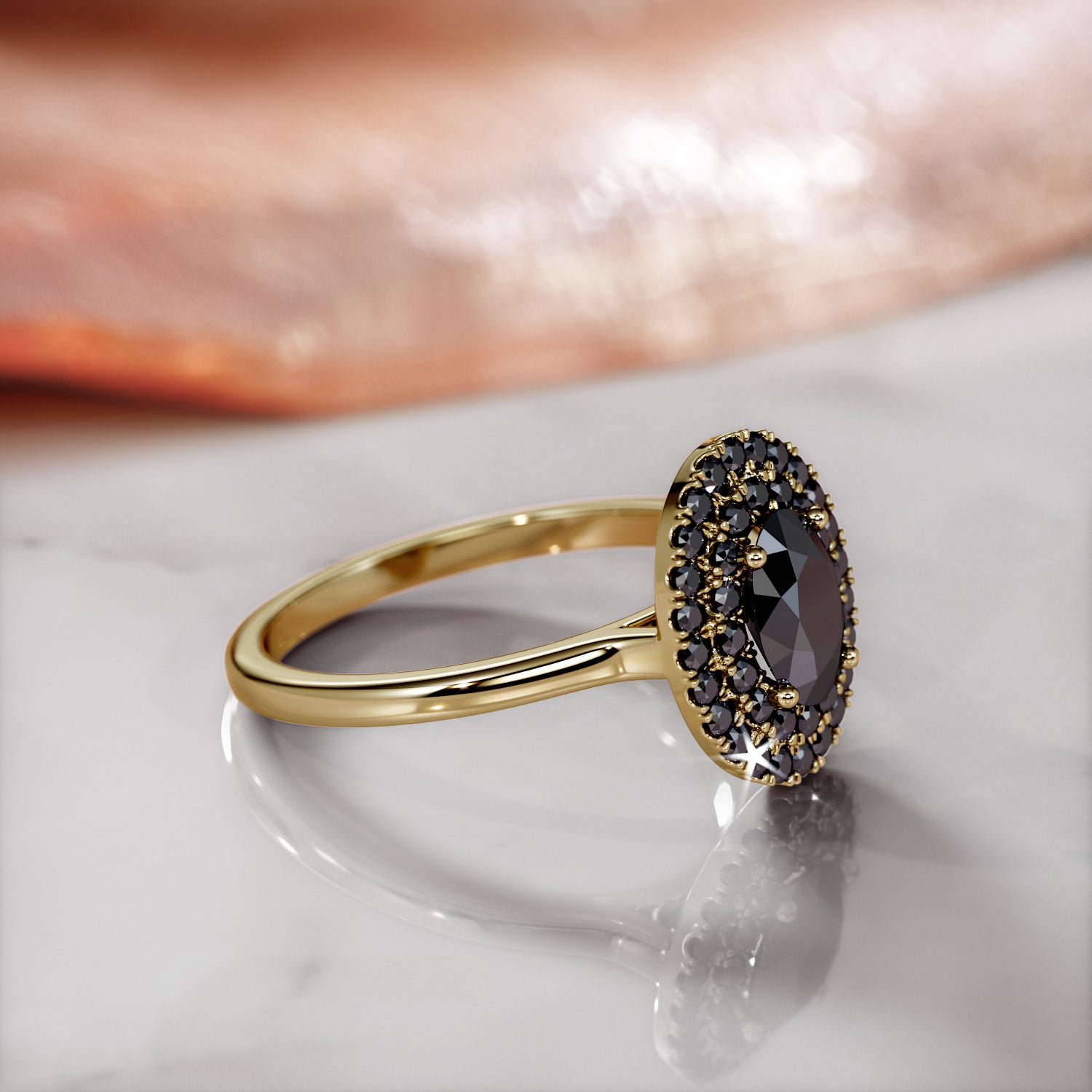 Double Halo Natural Black Diamond Oval Engagement Ring